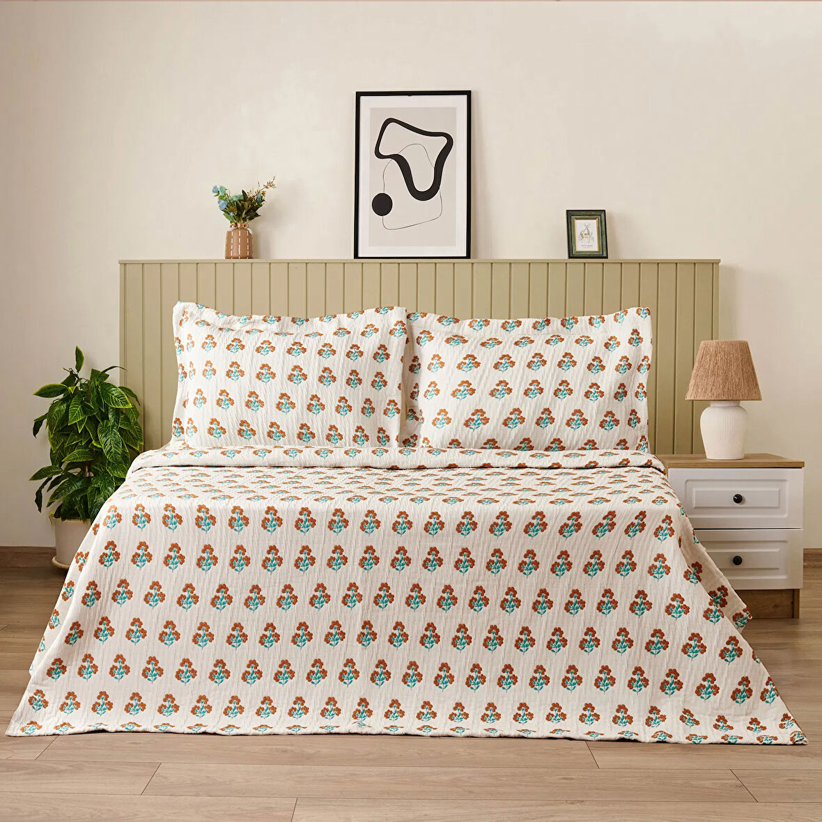 Soft Buttercup Jakarlı Çift Kişilik Yatak Örtüsü Seti - Turuncu