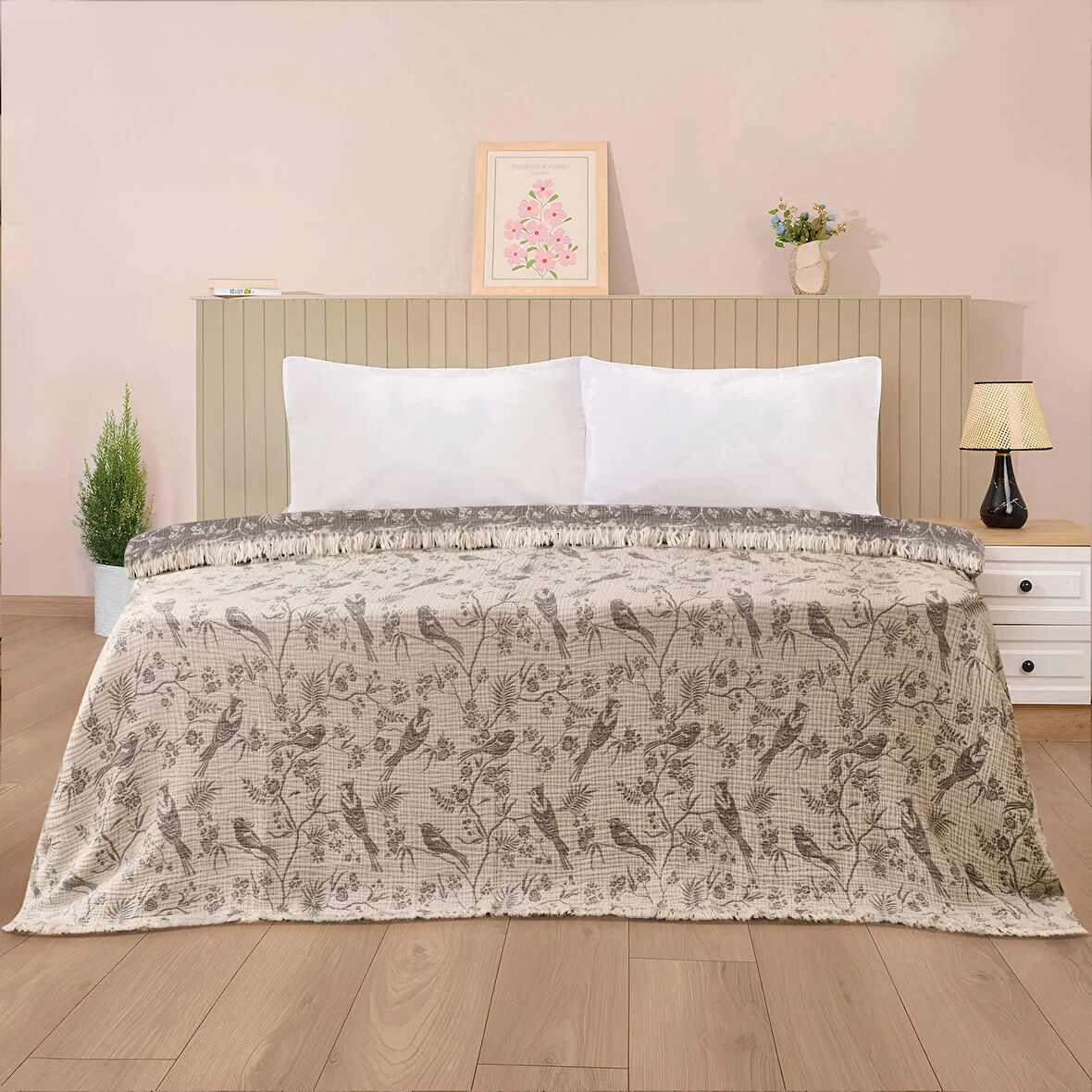 Soft Birds Çift Kişilik Yatak Örtüsü - Antrasit - 220x240 cm