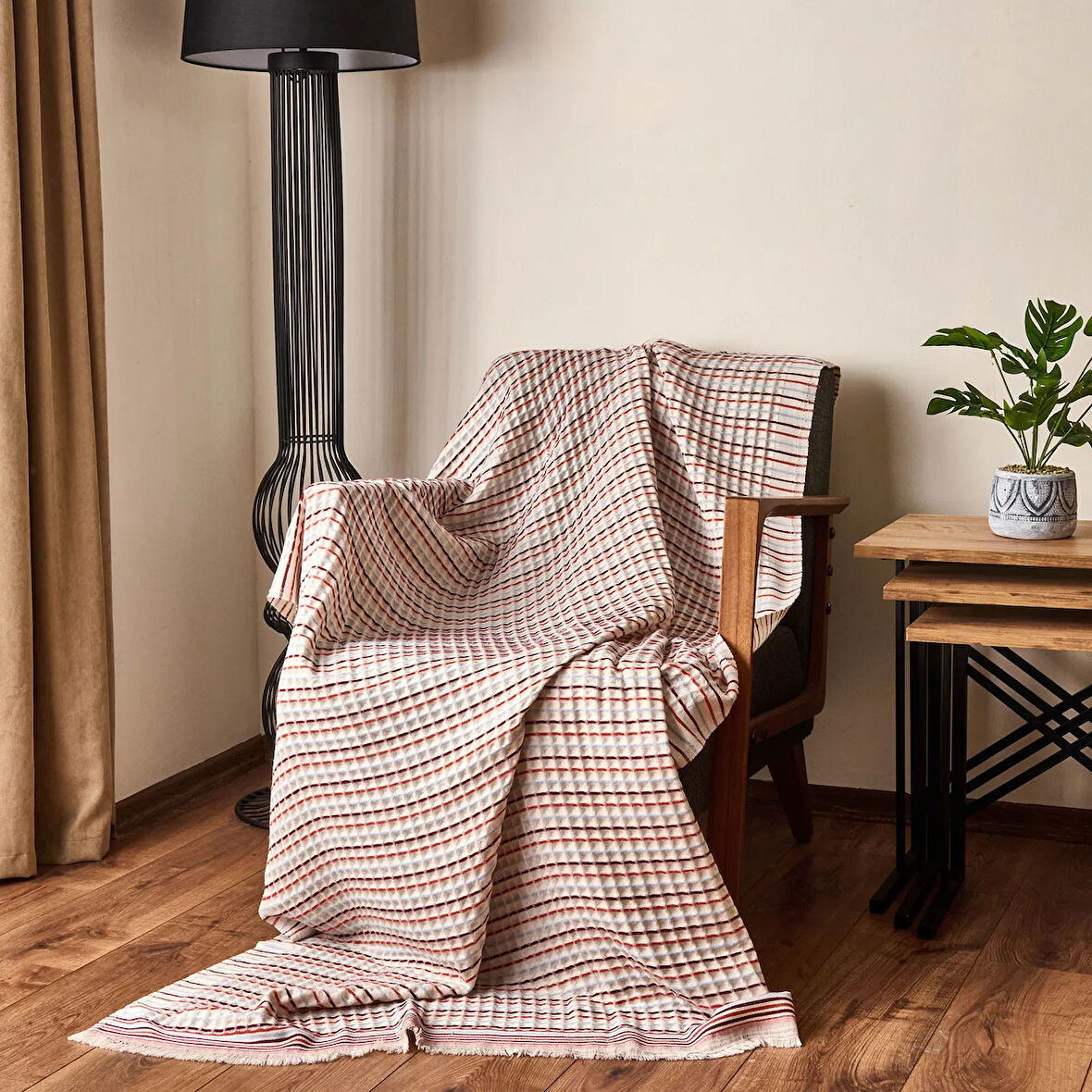 Soft Waffle Koltuk Şalı - Ekru / Kiremit - 120x170 cm