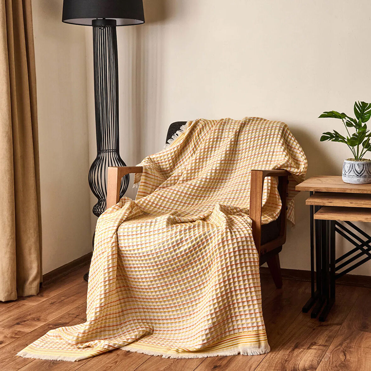 Soft Waffle Koltuk Şalı - Ekru / Sarı - 120x170 cm