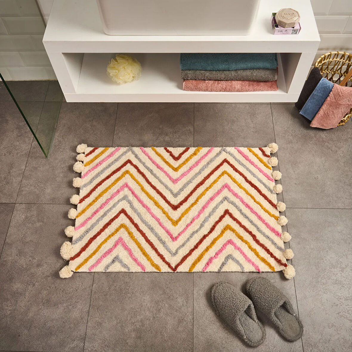 Soft Tufting Krus Banyo Paspası - Ekru / Renkli - 60x90 cm