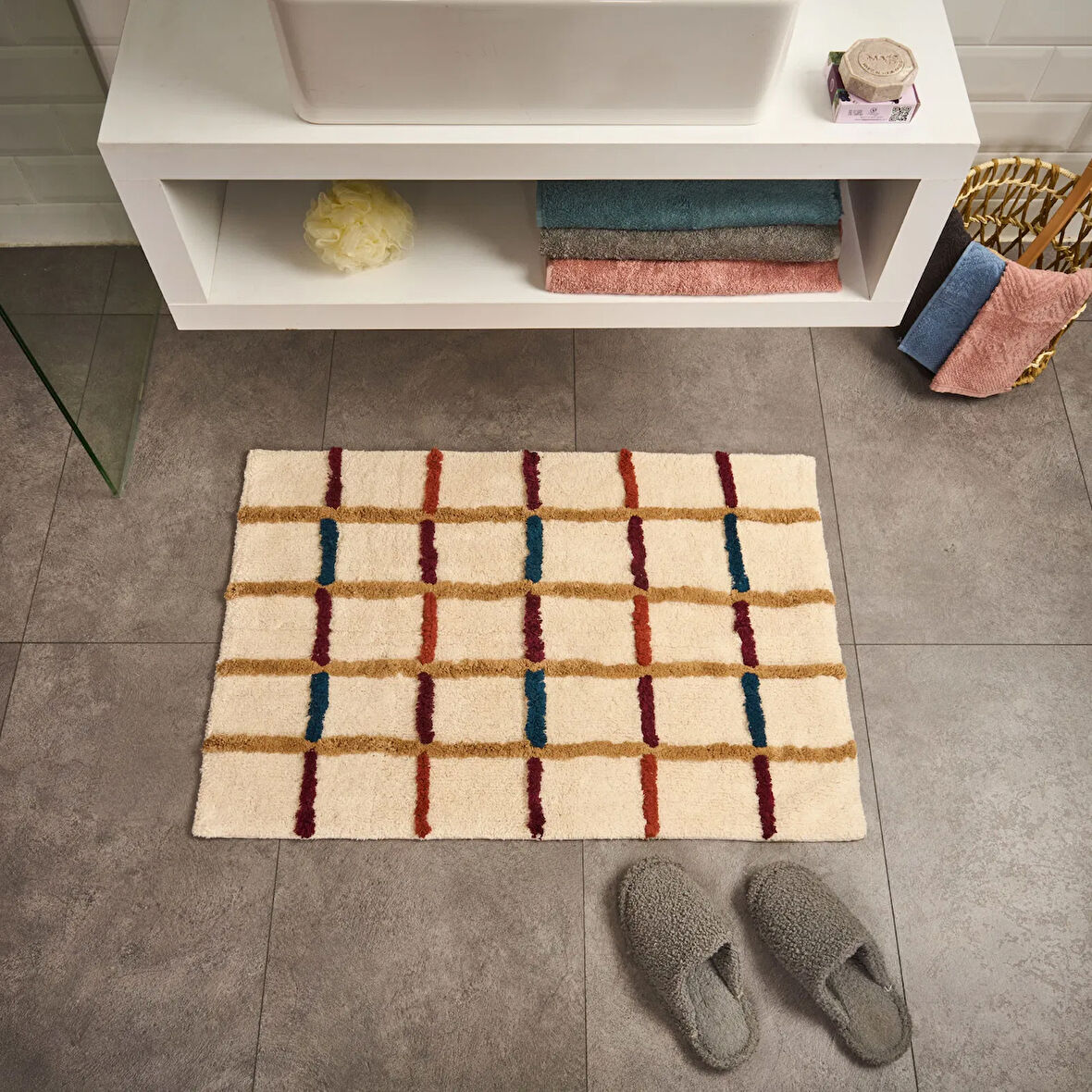 Soft Tufting Plaid Banyo Paspası - Ekru - 60x90 cm