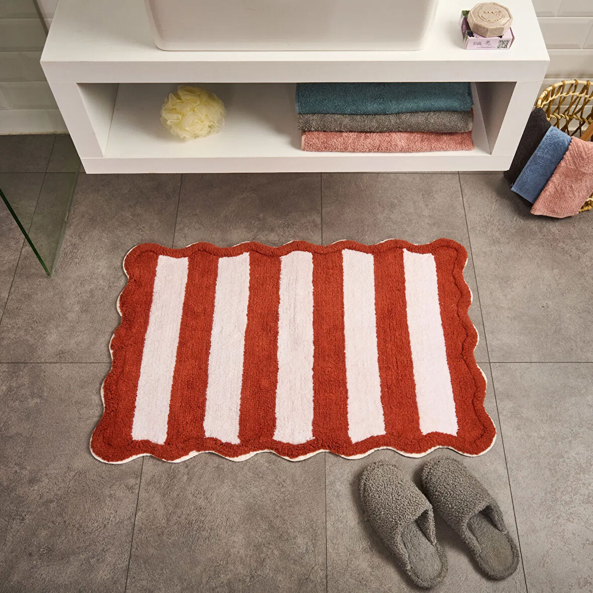 Soft Tufting Line Banyo Paspası - Ekru / Kiremit - 60x90 cm