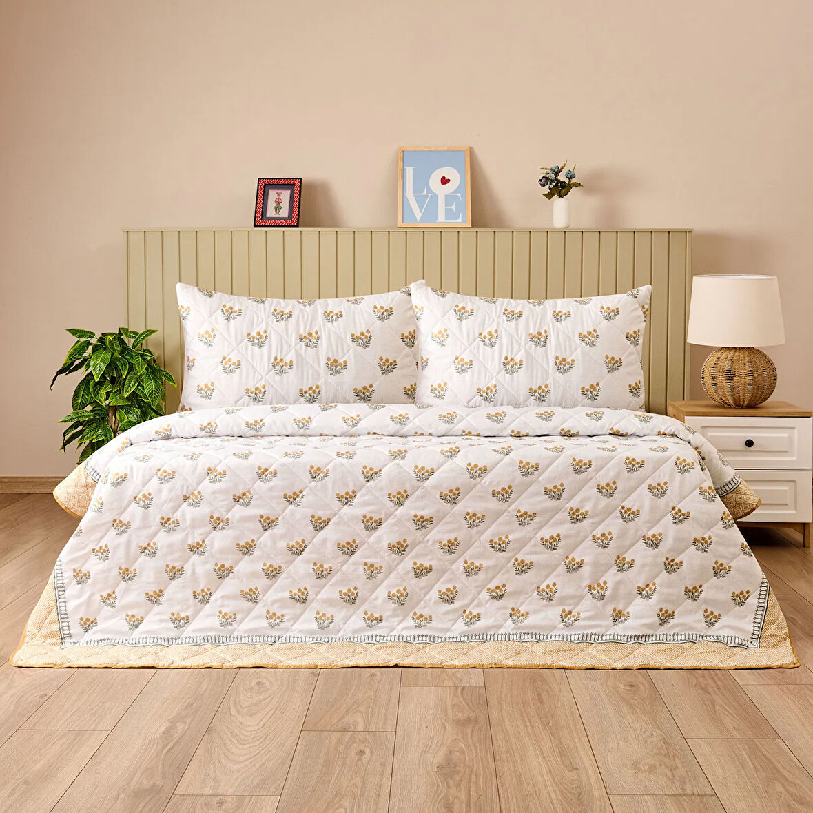 Soft Folky Çok Amaçlı Çift Kişilik Yatak Örtüsü Seti - Sarı