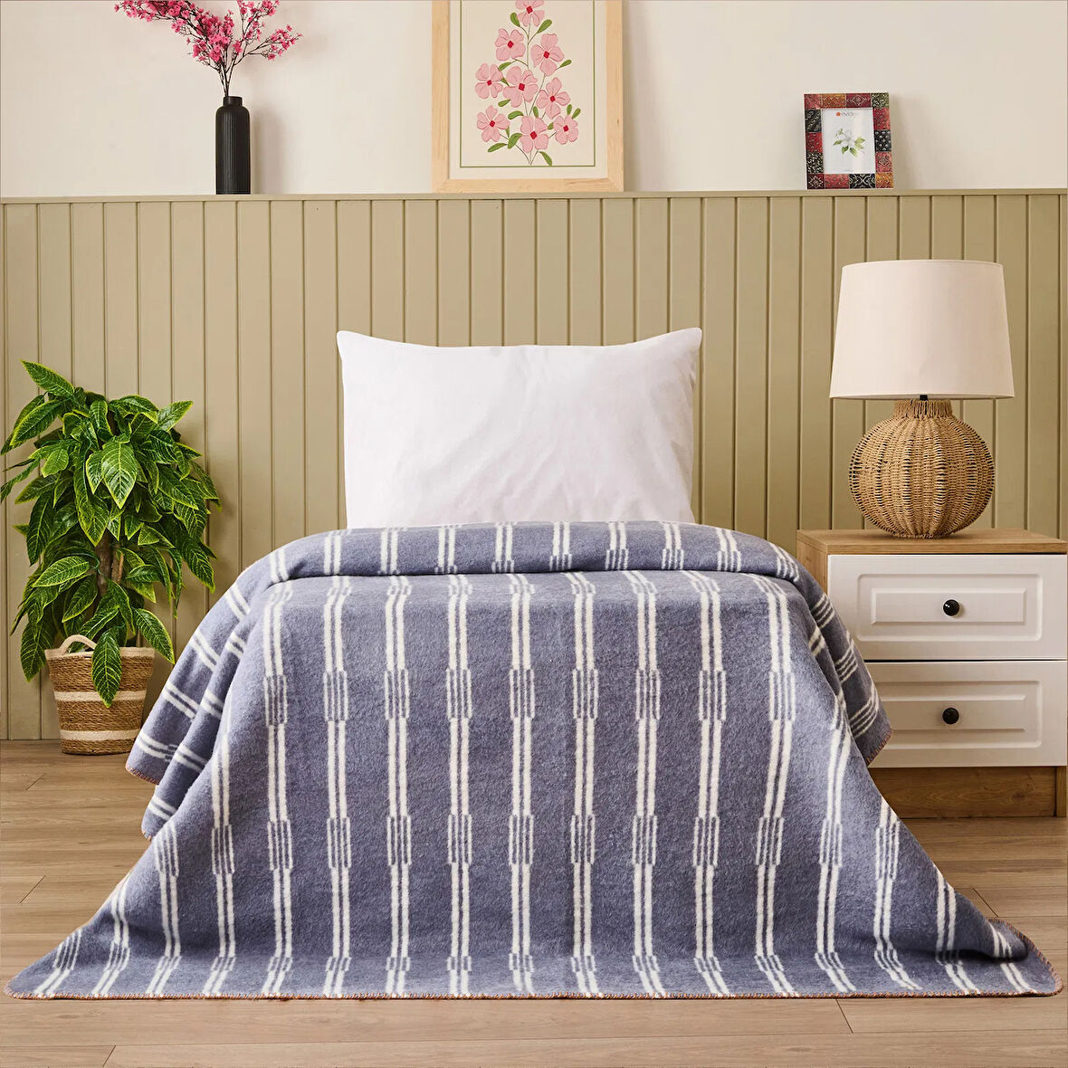 Soft Mavruz Pamuklu Tek Kişilik Battaniye - Mavi - 150x200 cm