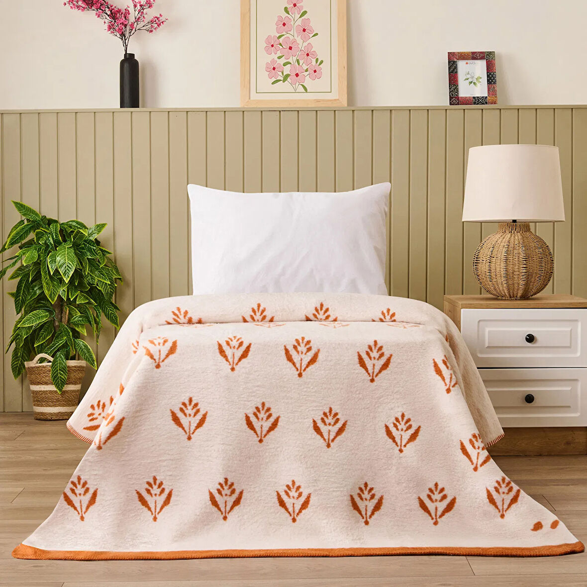 Soft Elias Pamuklu Tek Kişilik Battaniye - Ekru / Turuncu - 150x200 cm