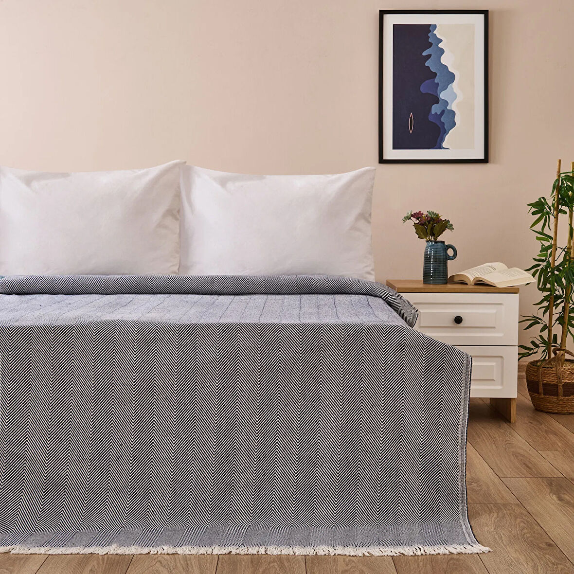 Soft Herringbone Tek Kişilik Yatak Örtüsü - Lacivert - 150x200 cm