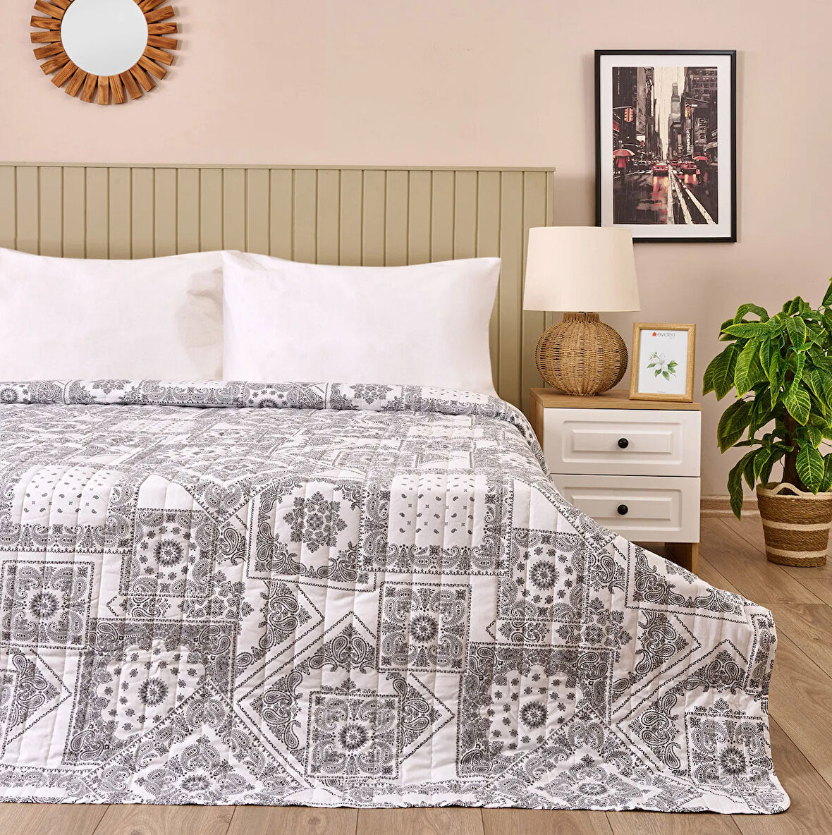 Soft Sidelya Çift Kişilik Yatak Örtüsü - Beyaz / Gri - 200x230 cm