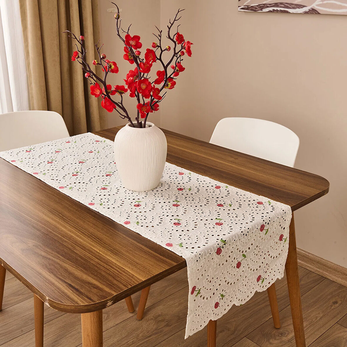 Soft Kiraz Desenli Runner - Renkli - 40x135 cm