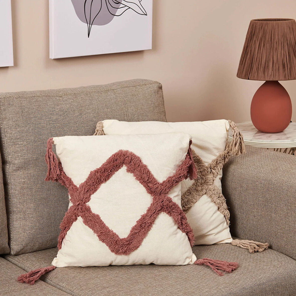 Motif Makrome Handmade Kırlent - Gülkurusu / Ekru - 42x42 cm