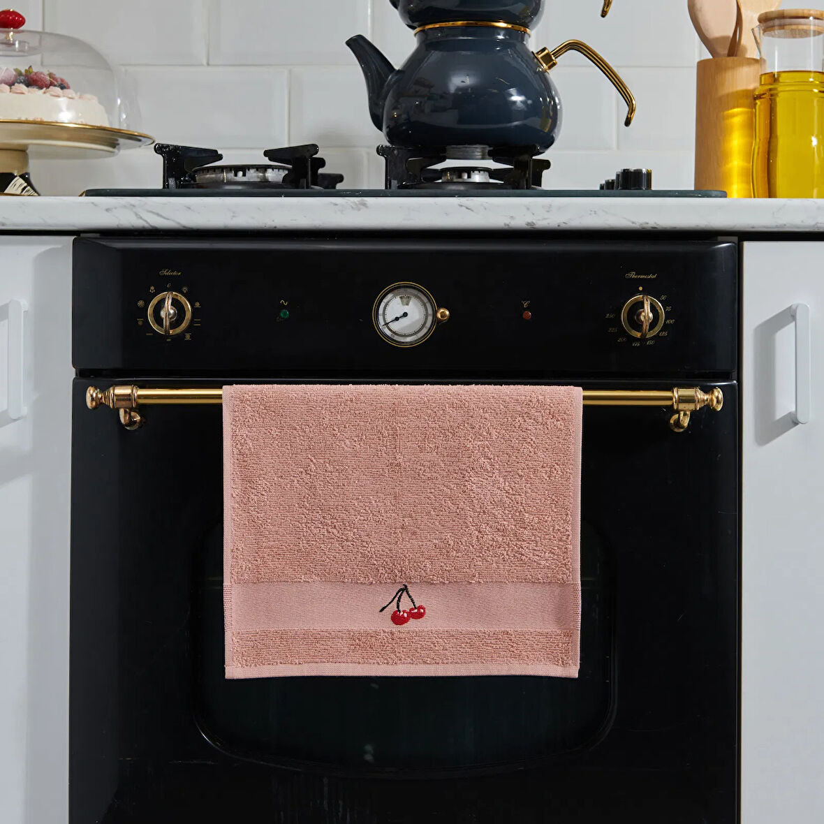 Kiraz Desenli Mutfak Havlusu - Pembe