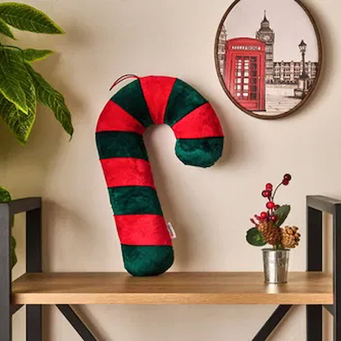 Soft Baston Şeker Figürlü Yastık - Yeşil / Kırmızı - 27x40 cm