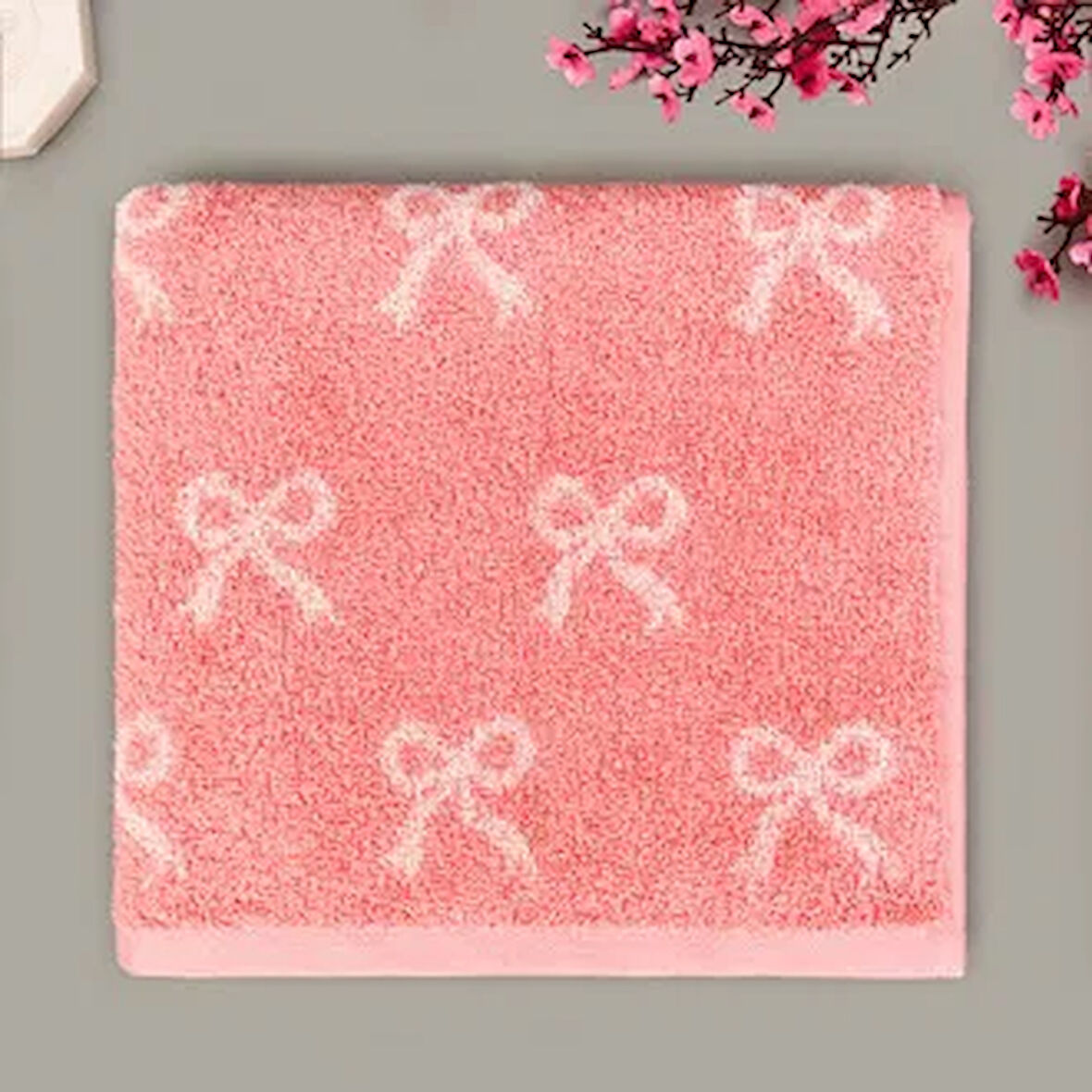 Soft Ribbon Yüz Havlusu - Ekru / Pembe - 50x90 cm