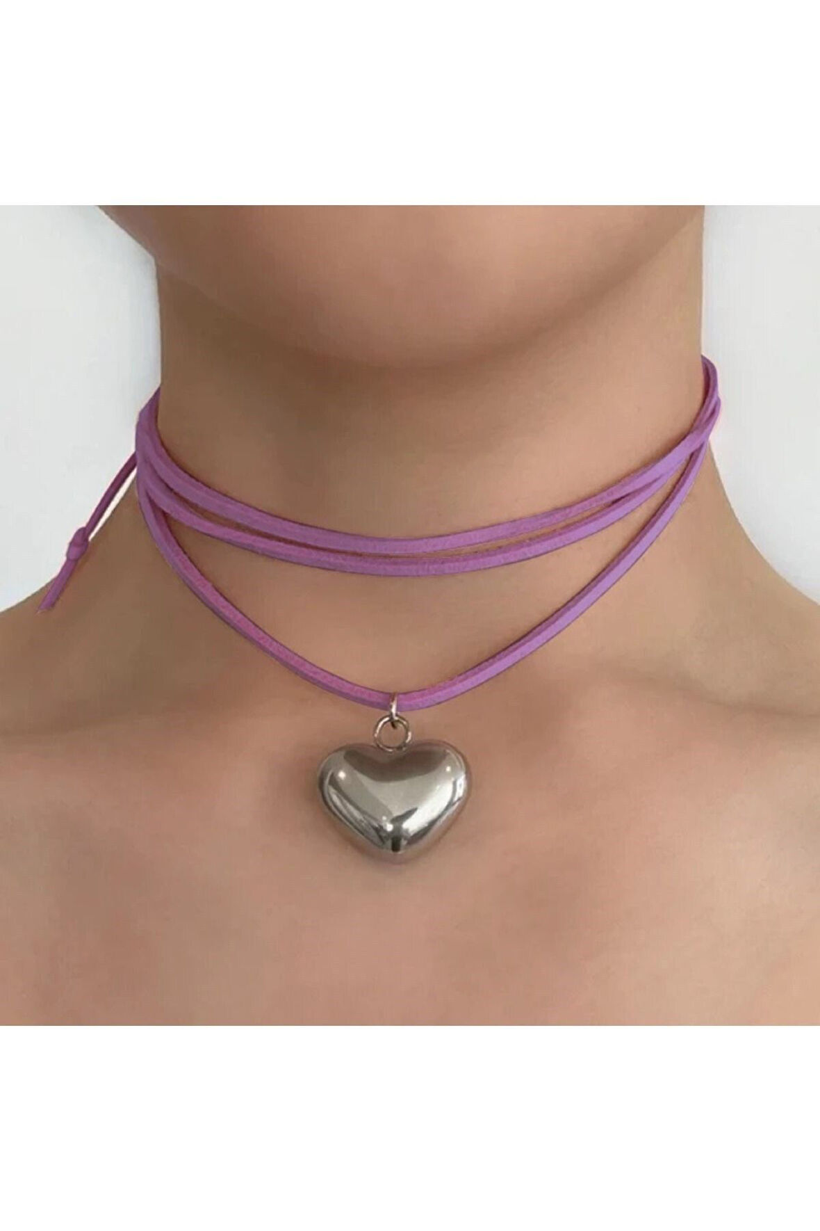 Vintage Big Heart Pembe İpli Silver Kolye Choker  Aksesuar Takı Hediyelik