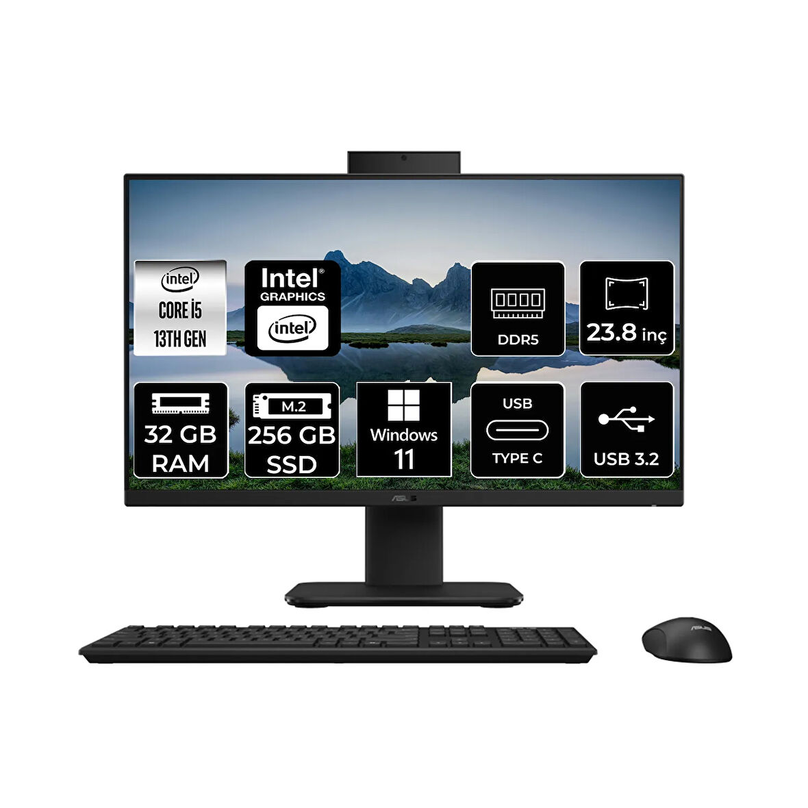 Asus V440 Intel Core i5 13420H 32GB 256GB SSD 23.8" FHD W11P All in One Bilgisayar Siyah & USB Bellek