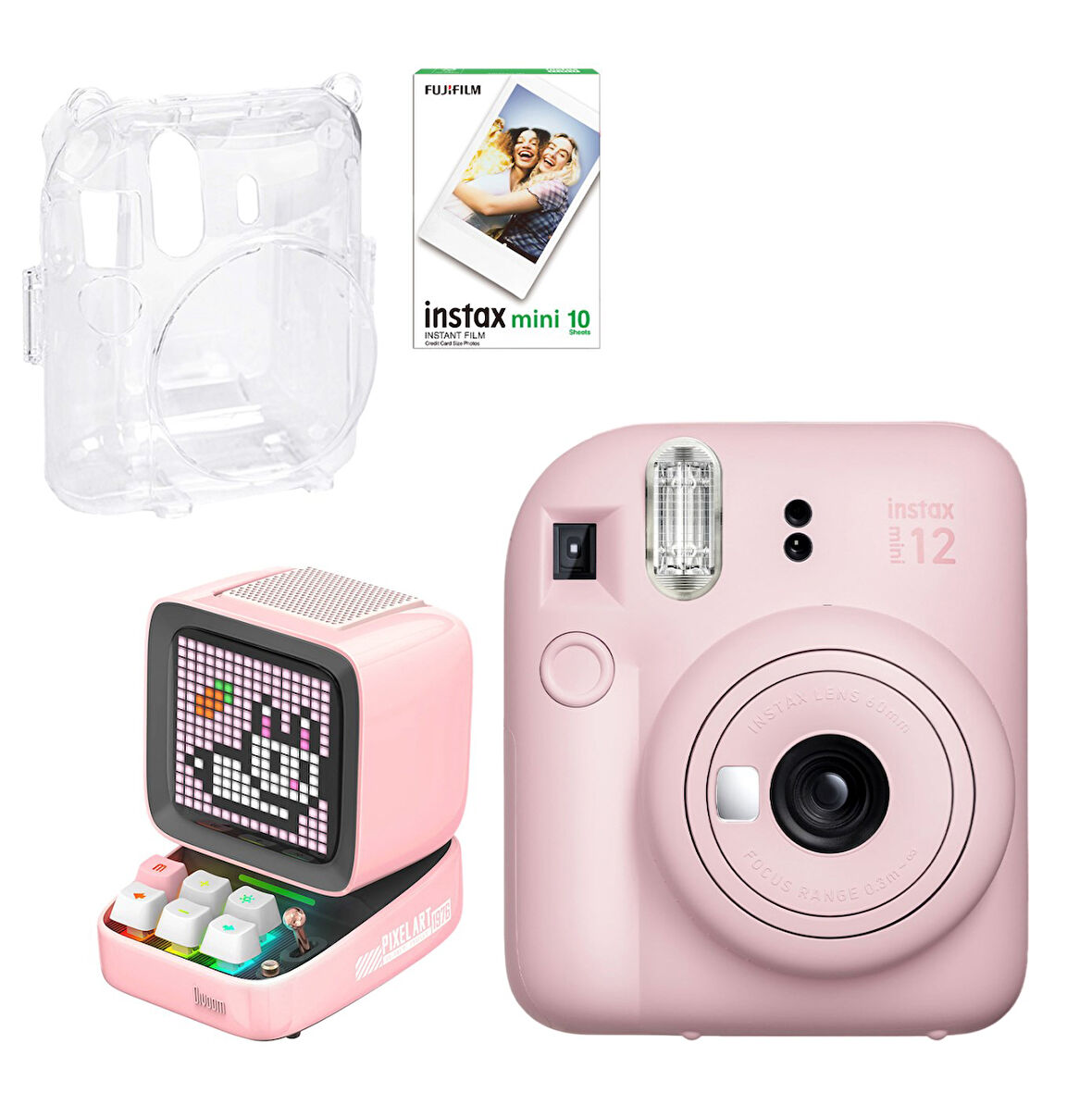 Fujifilm Instax Mini 12 Pembe Fotoğraf Makinesi 10'lu Film Şeffaf Kılıf ve Divoom Ditoo Pro Pembe Uy