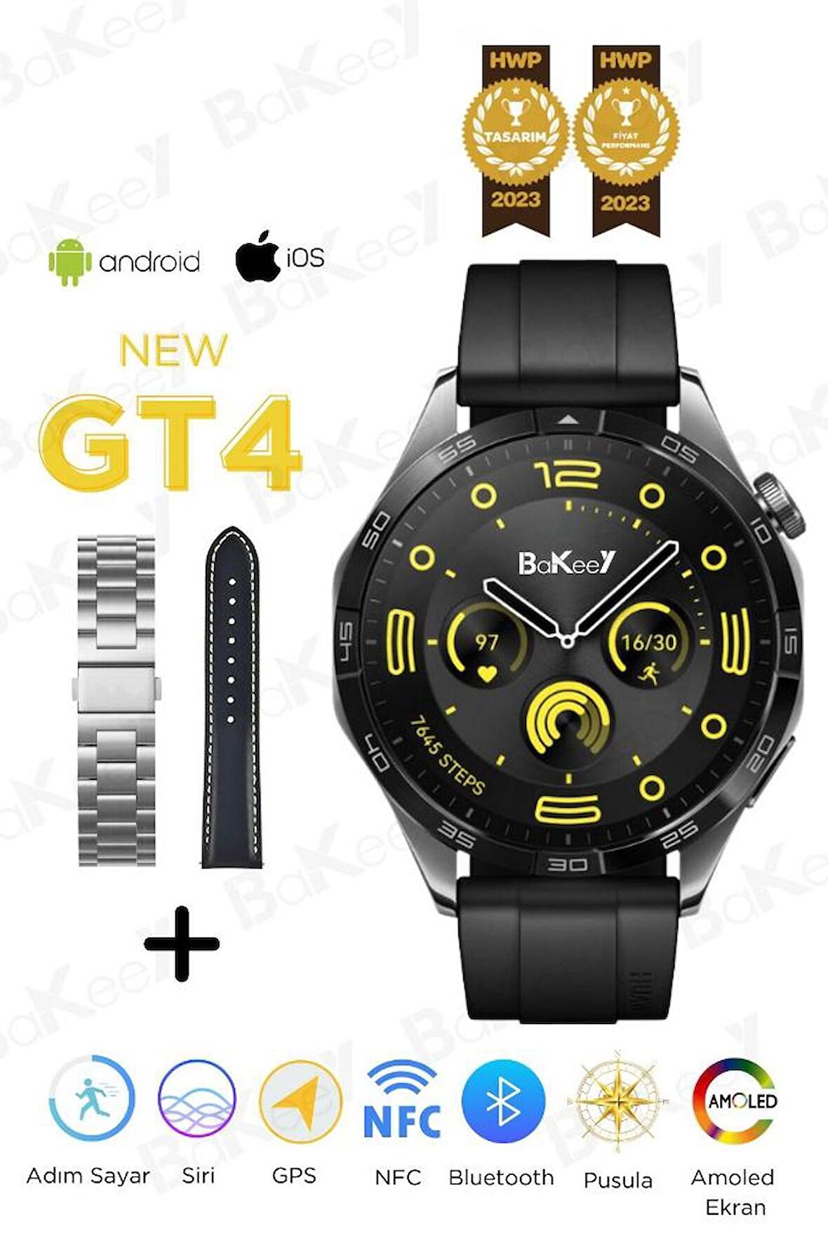 Bakeey GT4 Max Akıllı Saat Amoled Ekran 3 Kordon Siri Gps Android iOS Akıllı Saat Smart Watch 8 9