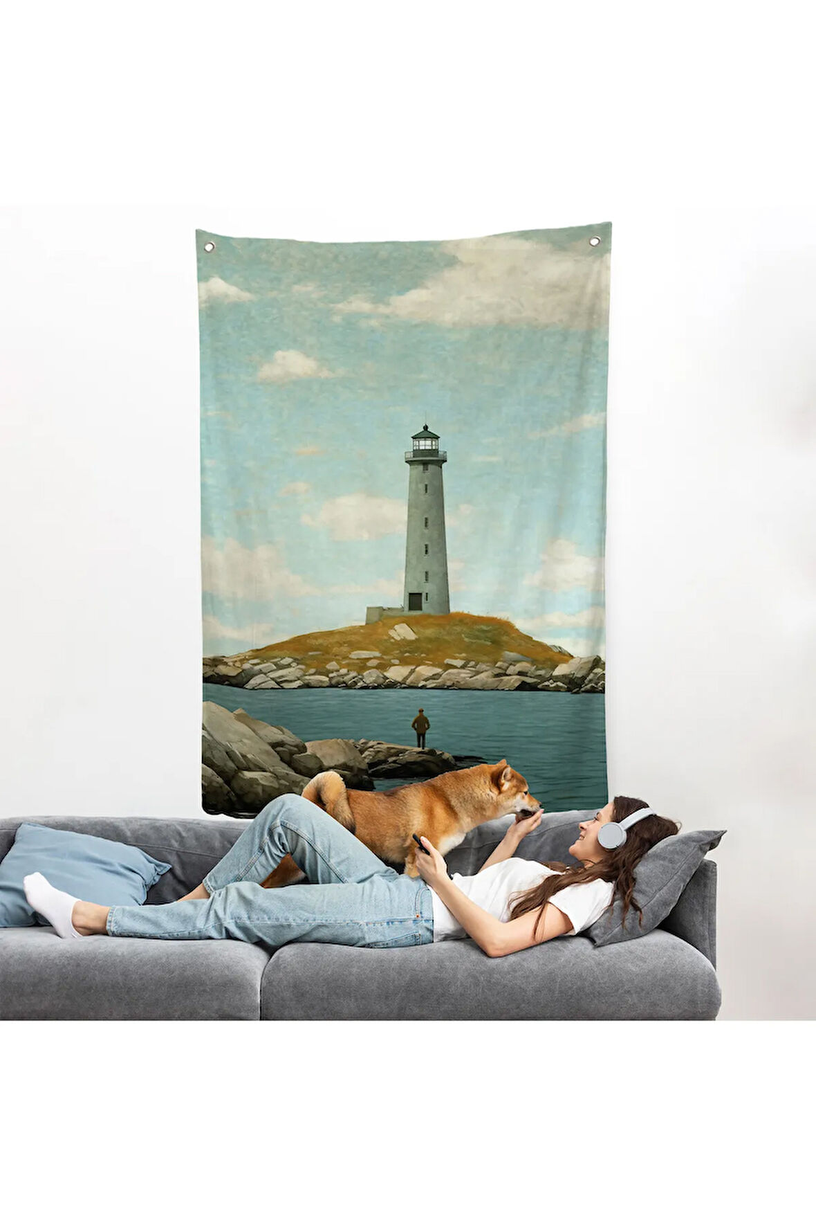 Deniz Fenerini İzleyen Yalnız Adam Duvar Örtüsü-7521