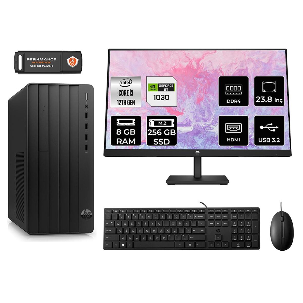 HP TOWER 290 G9 i3 12100 8GB RAM 256GB SSD GT1030/4GB FDOS 6D3A1EA MASAÜSTÜ PC & 23.8'' MONİTÖR