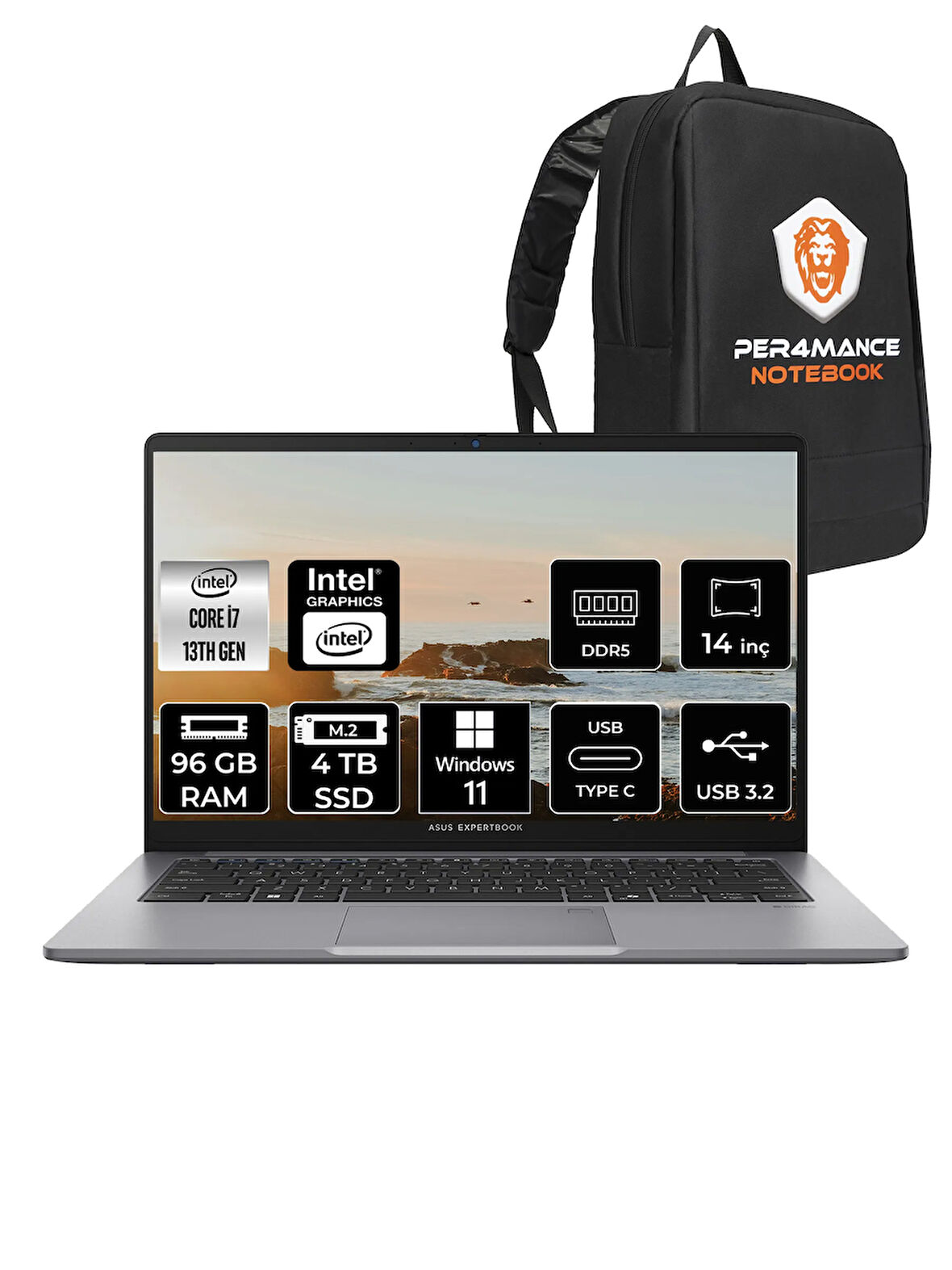 Asus ExpertBook P1 Intel Core i7 13620H 96GB 4TB SSD 14" FHD W11P Taşınabilir Bilgisayar & PER4 Çanta