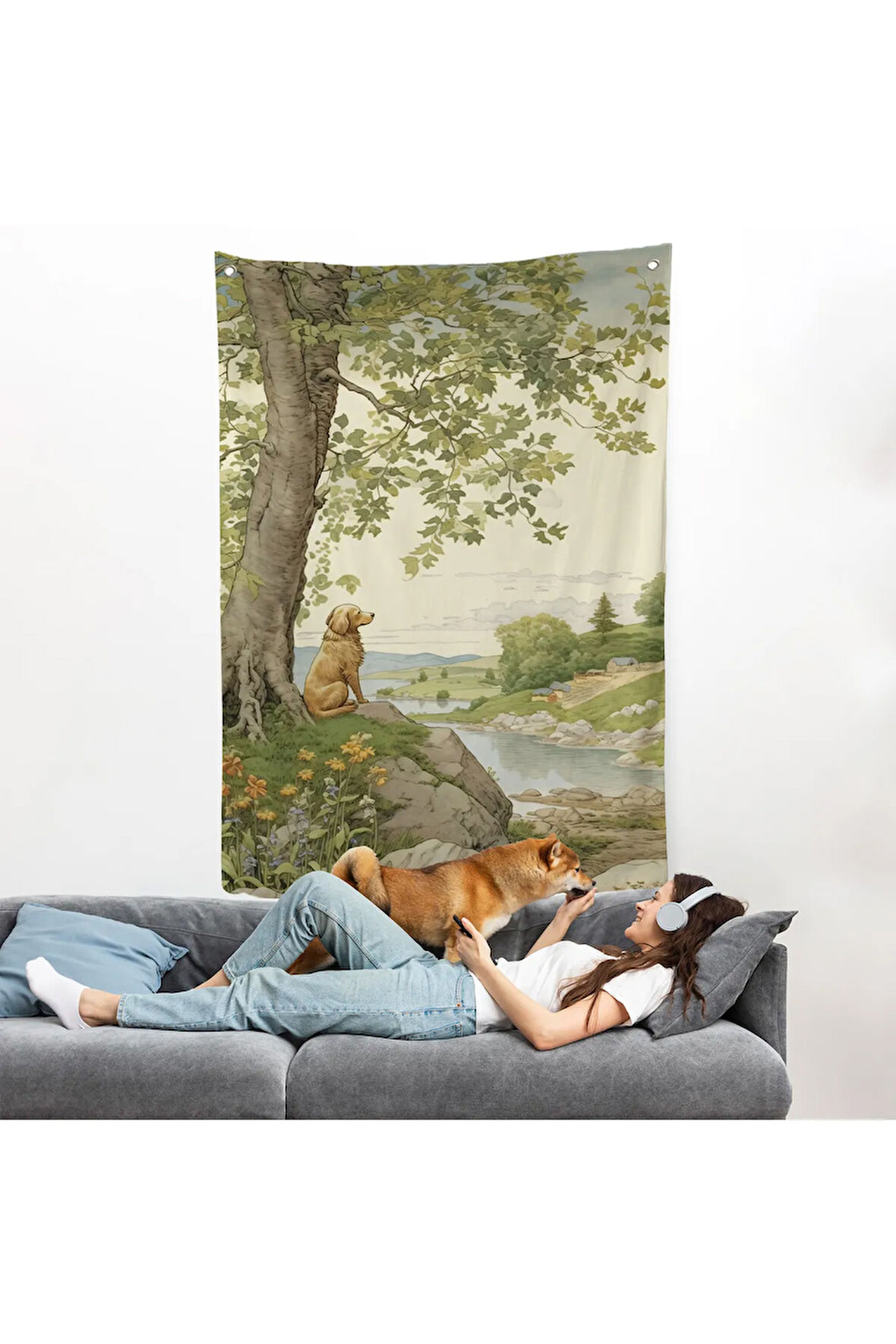 Manzarayı İzleyen Yalnız Köpek Duvar Örtüsü-7525