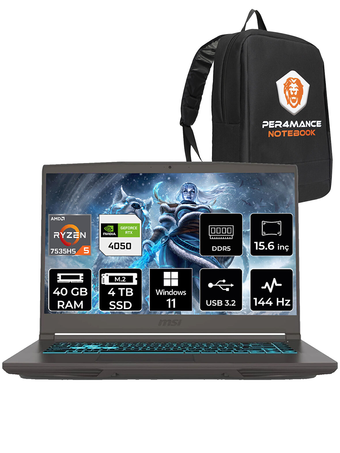 MSI Thin A15 R5 7535HS 40GB 4TB SSD RTX4050/6GB 15.6" FHD 144HZ W11P B7VE-076XTR & PER4 ÇANTA