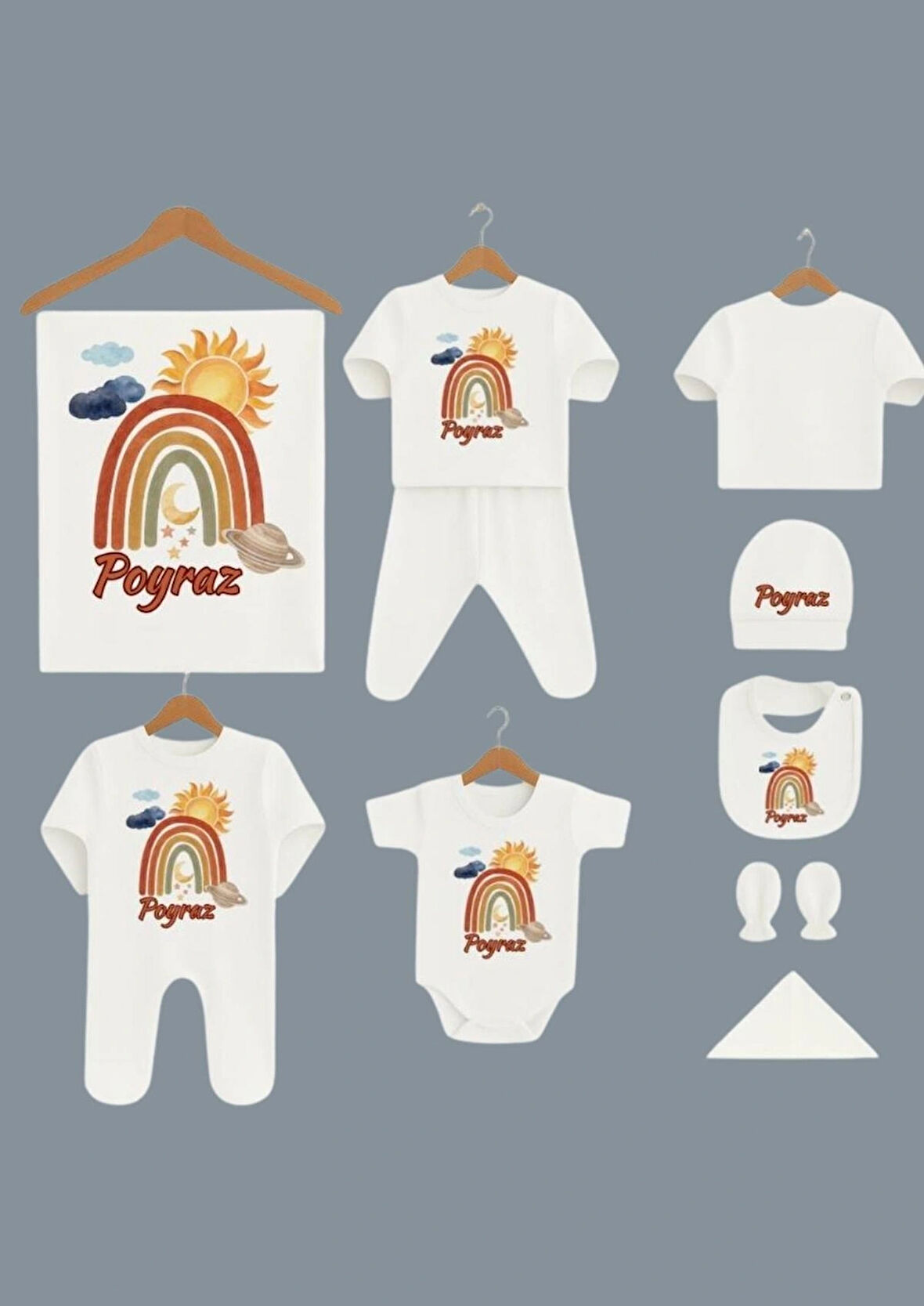 poyraz ismine özel baskılı yenidoğan seti