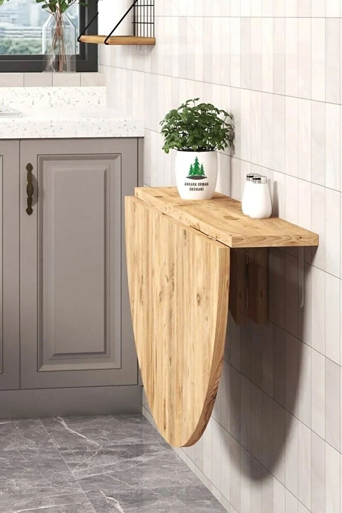 Reyo 90x60cm Atlantik Çam Mdf Yuvarlak Açılır Kapanır Duvara Monte Raf Masa Mutfak Masası