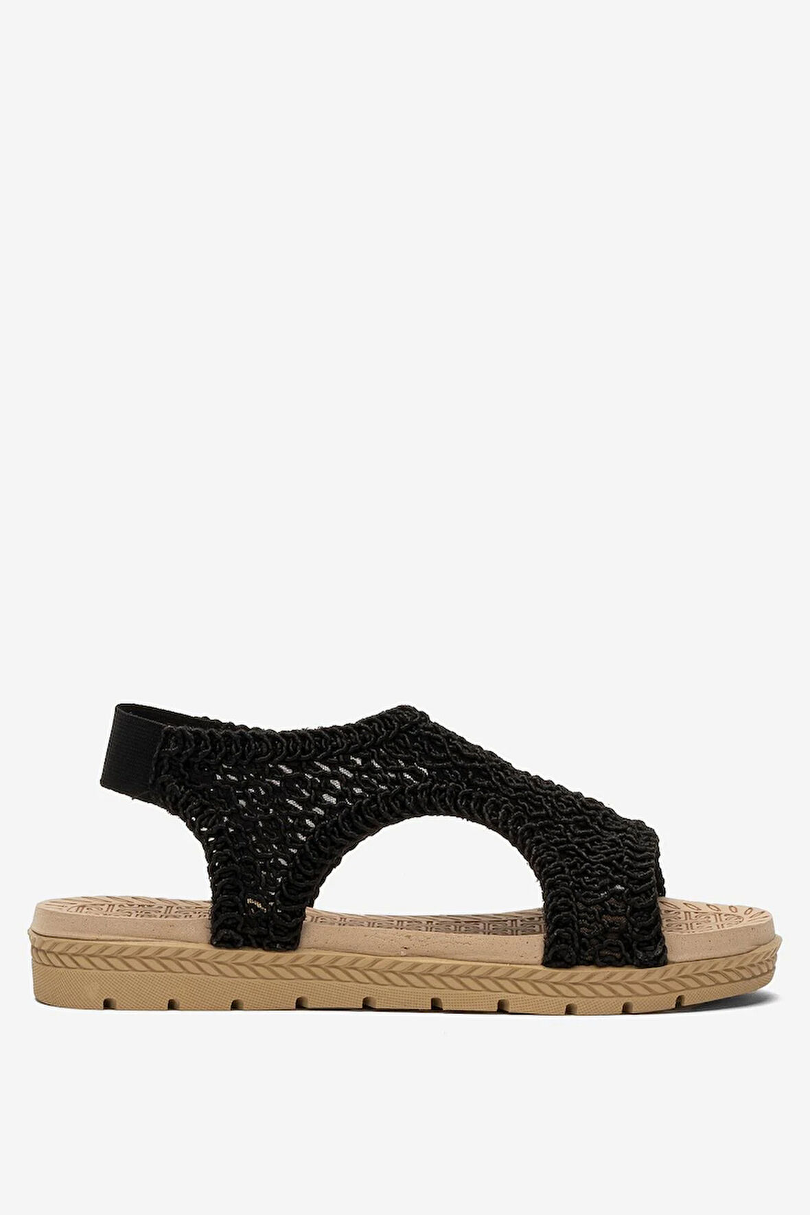 Kadın Önü Açık Örgü Desenli Lastikli Sandalet SİYAH