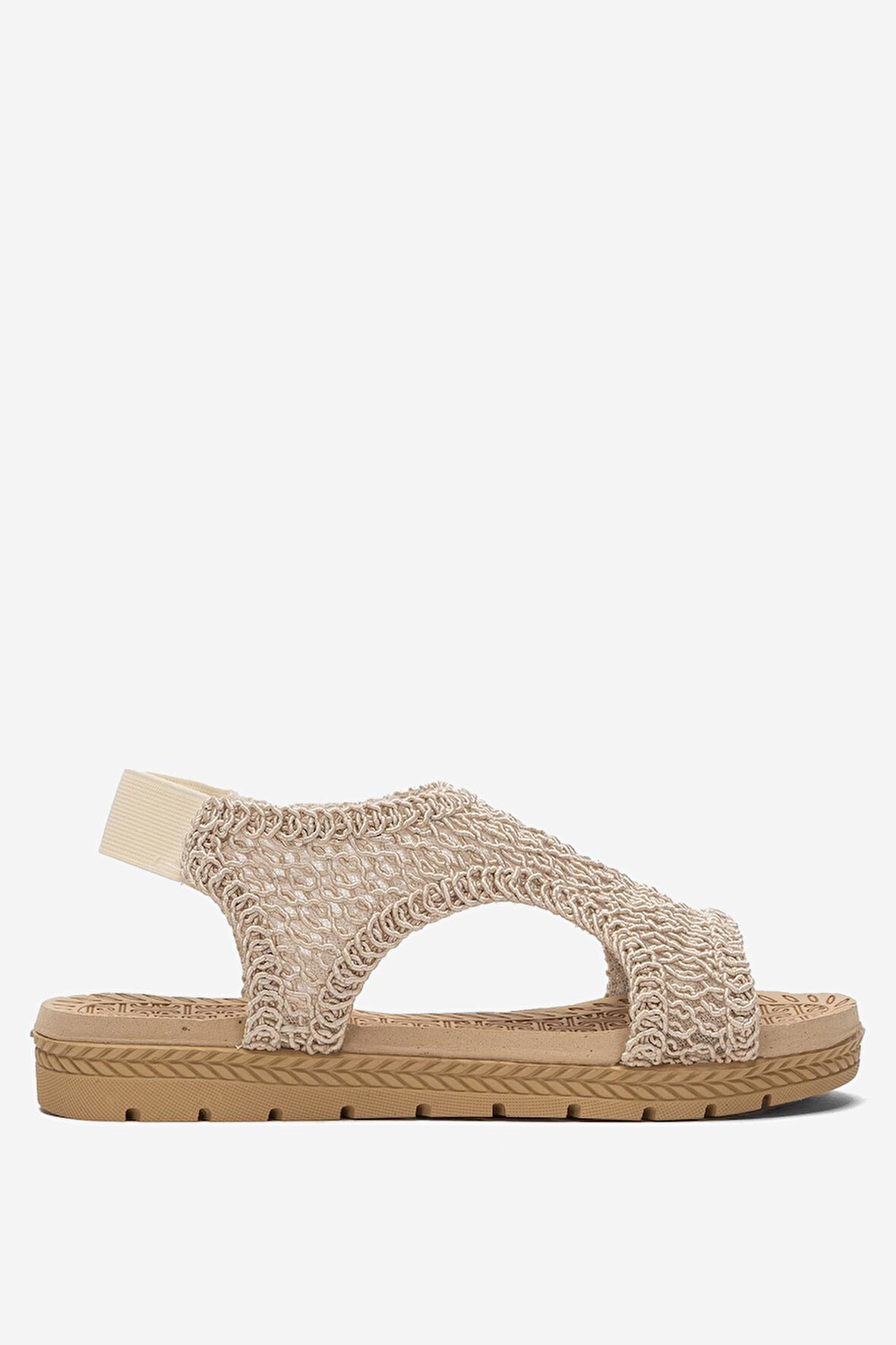 Kadın Önü Açık Örgü Desenli Lastikli Sandalet BEJ