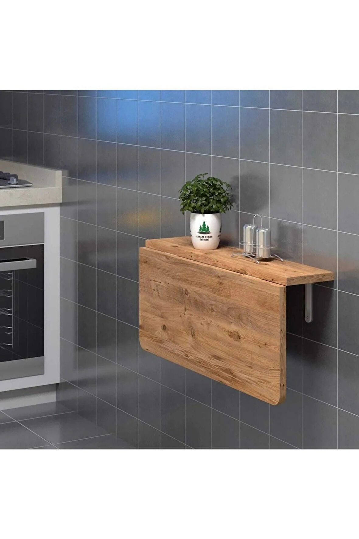 Reyo 90x60cm Atlantik Çam Desenli Mdf Oval Köşeli Açılır Kapanır Duvara Monte Raf Masa Mutfak Masası