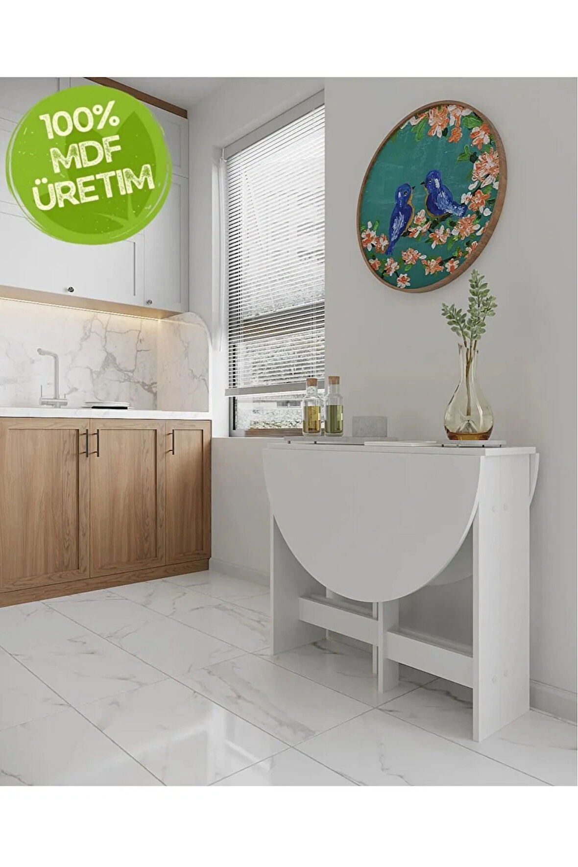 Reyo Beyaz 90×110cm Pratik Katlanır Açılır Kapanır Yuvarlak Mutfak Yemek Çalışma Masası 6 Kişilik %100 MDF