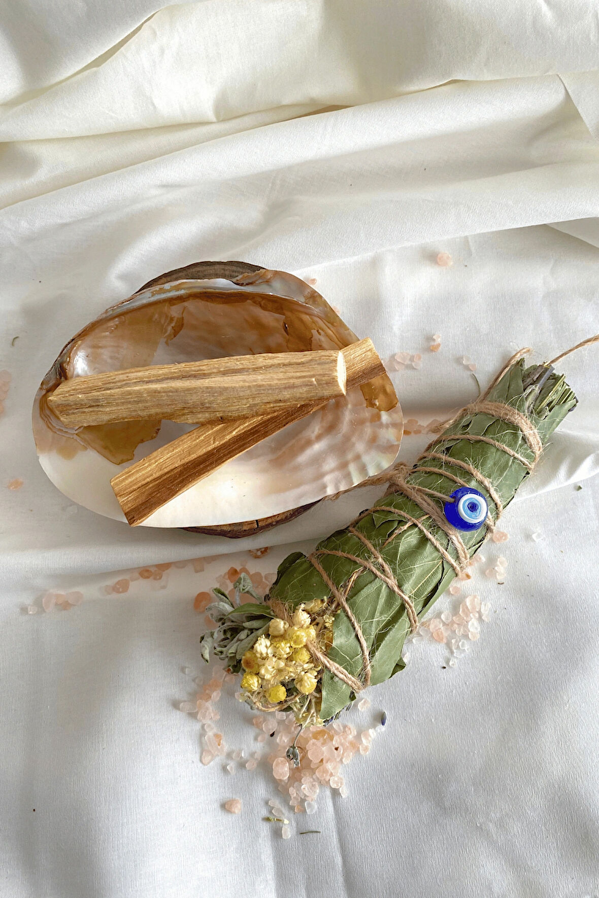 Reyo Nazar Tütsü Demeti Arınma 3'lü Ritüel Set, 2 Adet Palo Santo ve Deniz Kabuğu ( Tuz Hediyeli)
