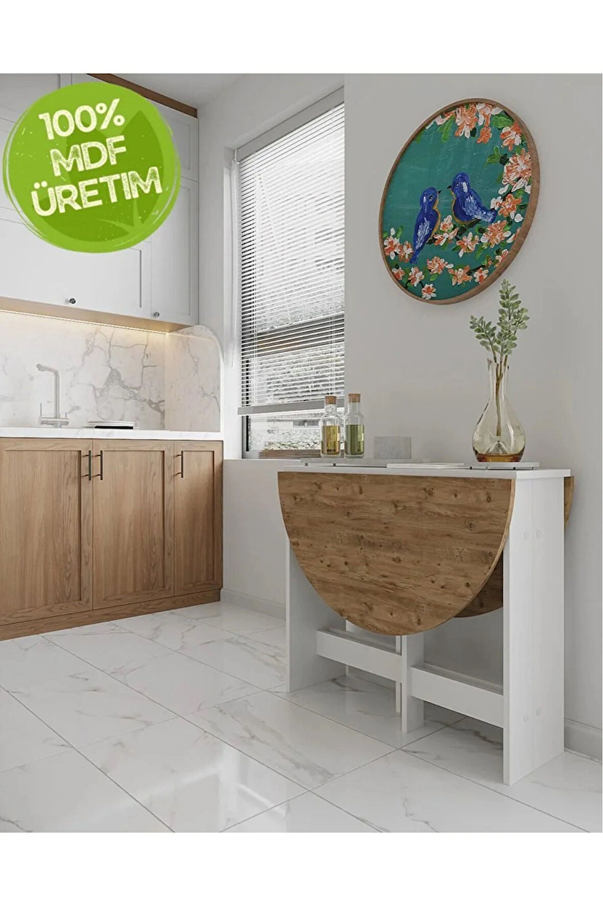 Reyo Atlantik Çam 90×110cm Pratik Katlanır Açılır Kapanır Yuvarlak Mutfak Yemek Çalışma Masası 6 Kişilik %100 MDF