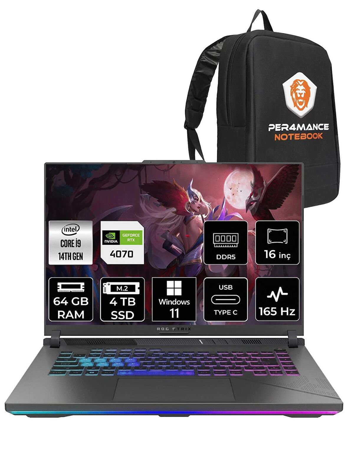ASUS ROG Strix G16 i9-14900HX 64GB 4TB SSD RTX4070/8GB 165HZ 16" WUXGA W11H N3088 & PER4 ÇANTA