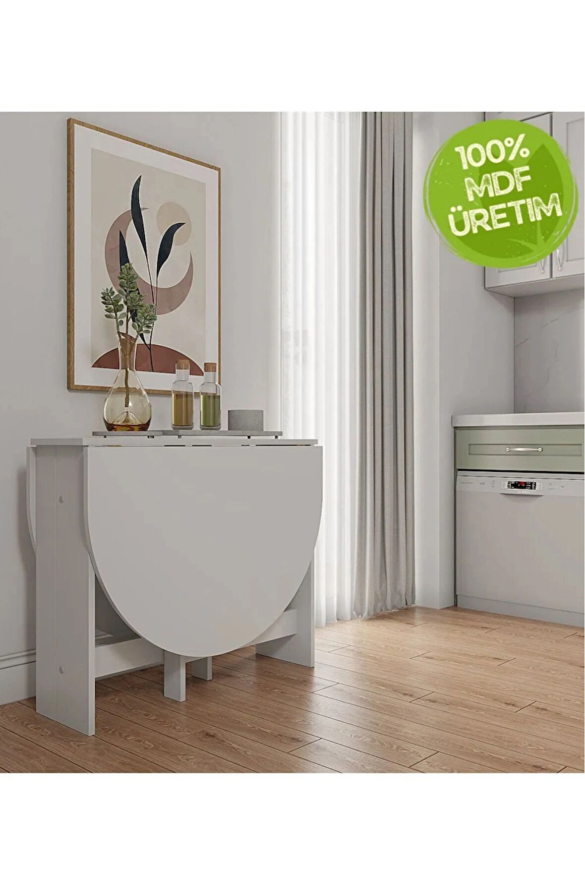 Reyo 145x90cm Beyaz Pratik Katlanır Açılır Kapanır Yuvarlak Mutfak Yemek Çalışma Masası %100 MDF