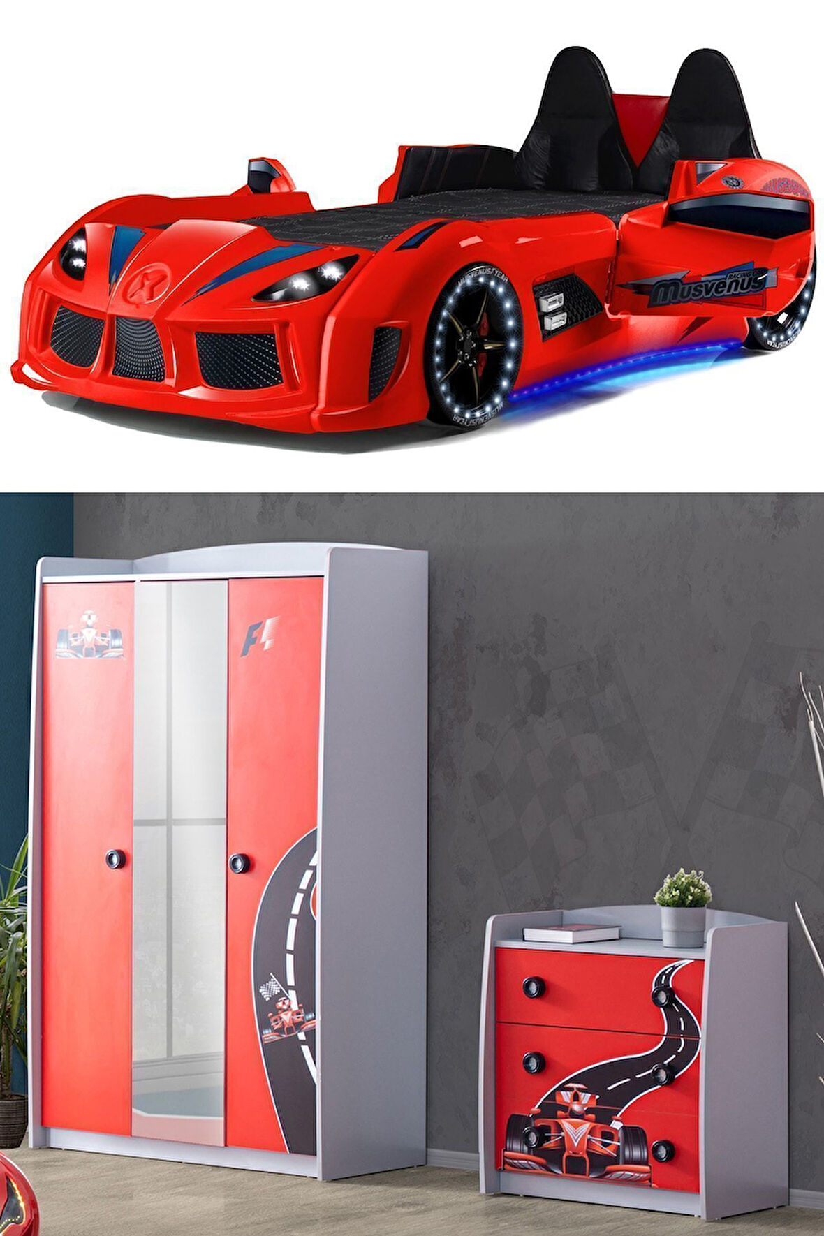 Formula Genç Odası - 3 Kapılı Dolap, Audi Koltuklu Arabalı Yatak, Şifonyer - Kırmızı
