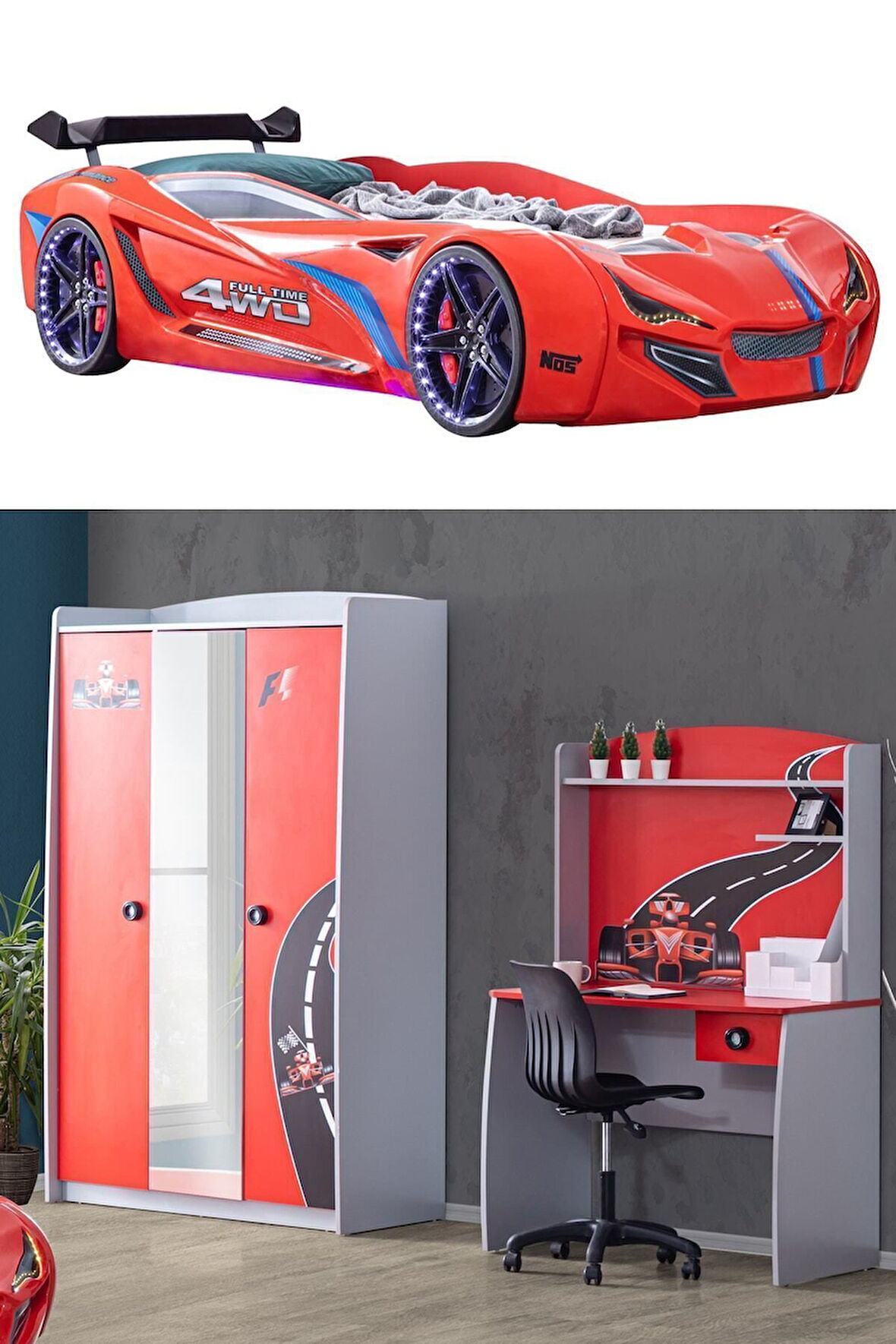 Formula Genç Odası - 3 Kapılı Dolap, Mercedes Full Ledli Arabalı Yatak, Masa - Kırmızı