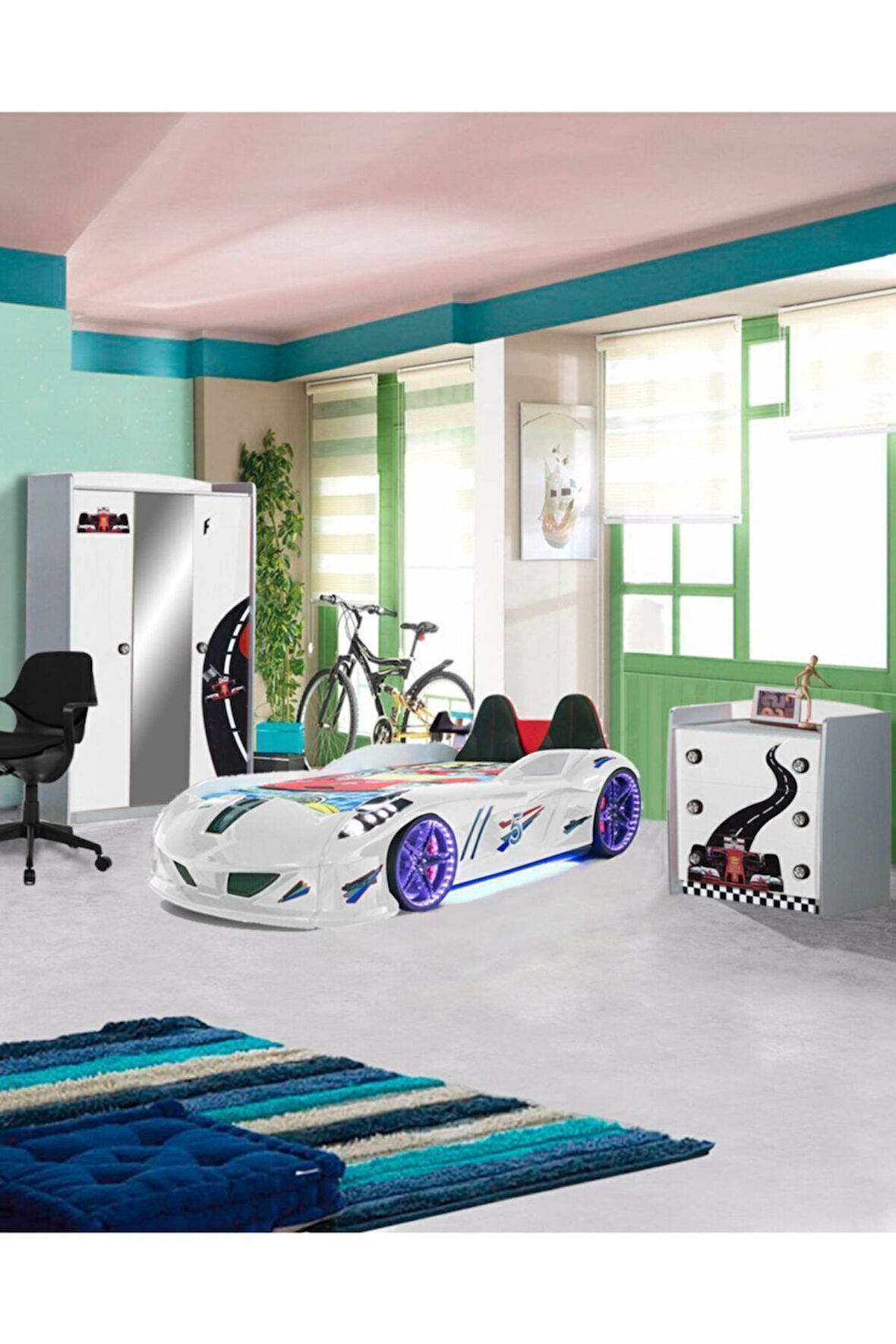 Formula Genç Odası - 3 Kapılı Dolap, Jaguar Koltuklu Arabalı Yatak, Şifonyer - Beyaz