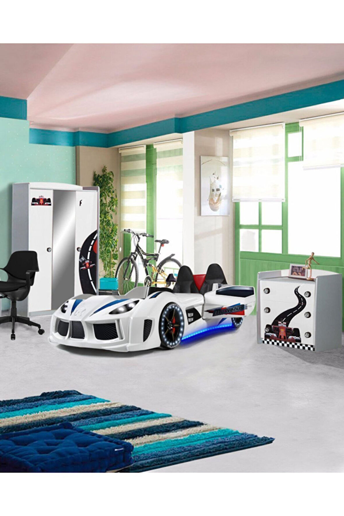 Formula Genç Odası - 3 Kapılı Dolap, Audi Koltuklu Arabalı Yatak, Şifonyer - Beyaz