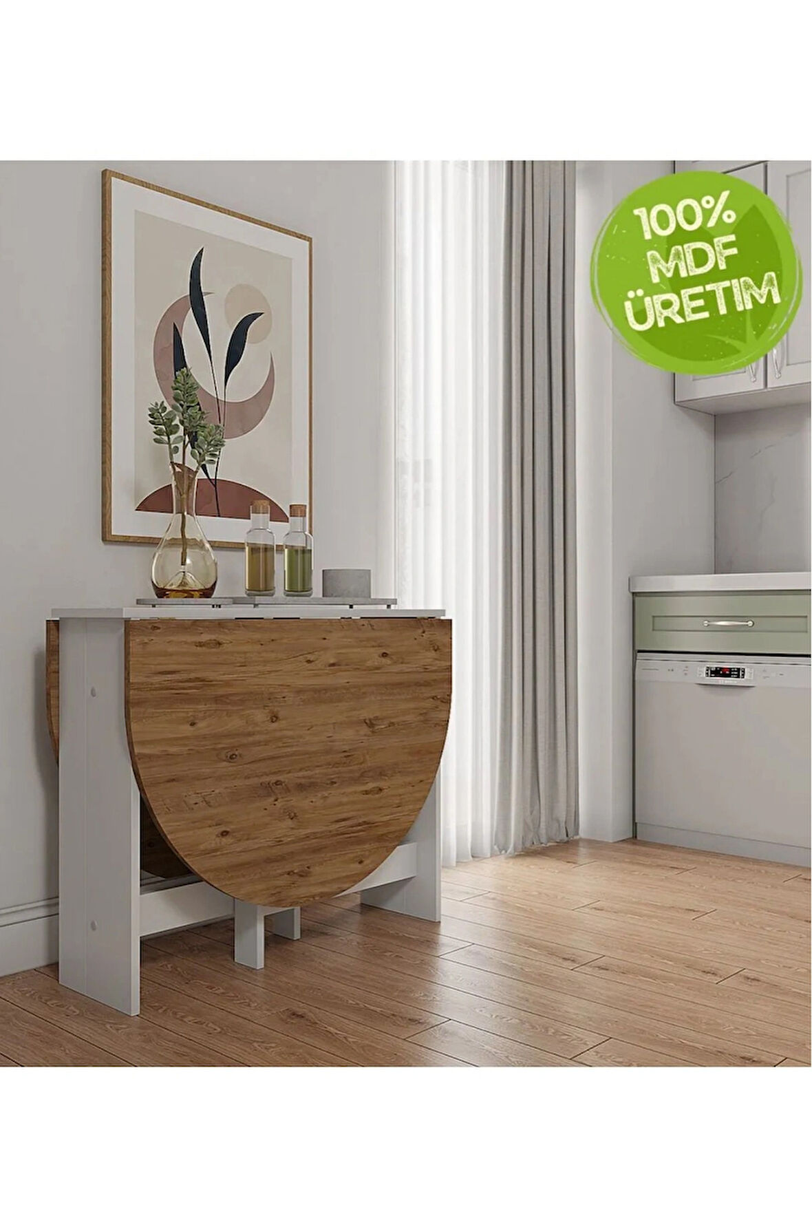 Reyo 145x90cm Atlantik Çam Pratik Katlanır Açılır Kapanır Yuvarlak Mutfak Yemek Çalışma Masası %100 MDF