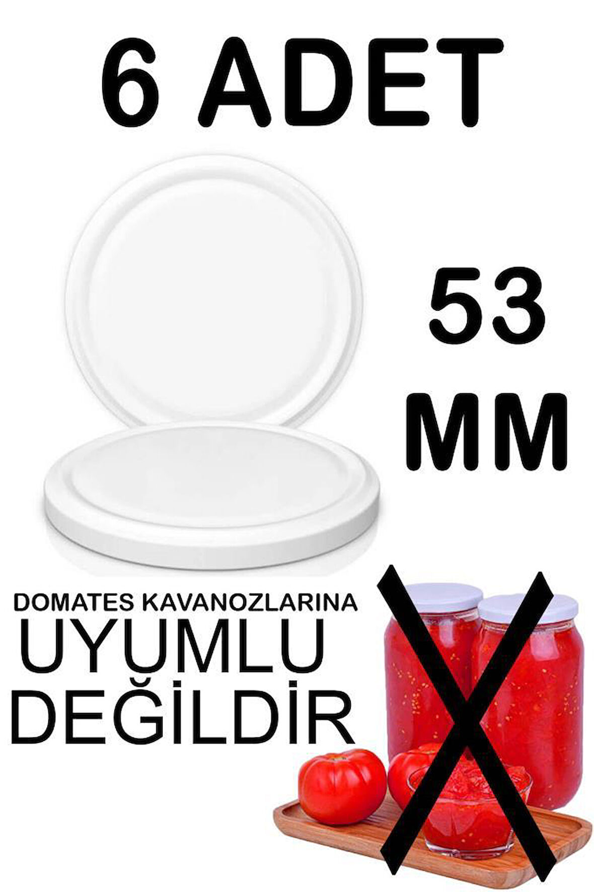 6 Adet 53mm Metal Kavanoz Kapağı Beyaz