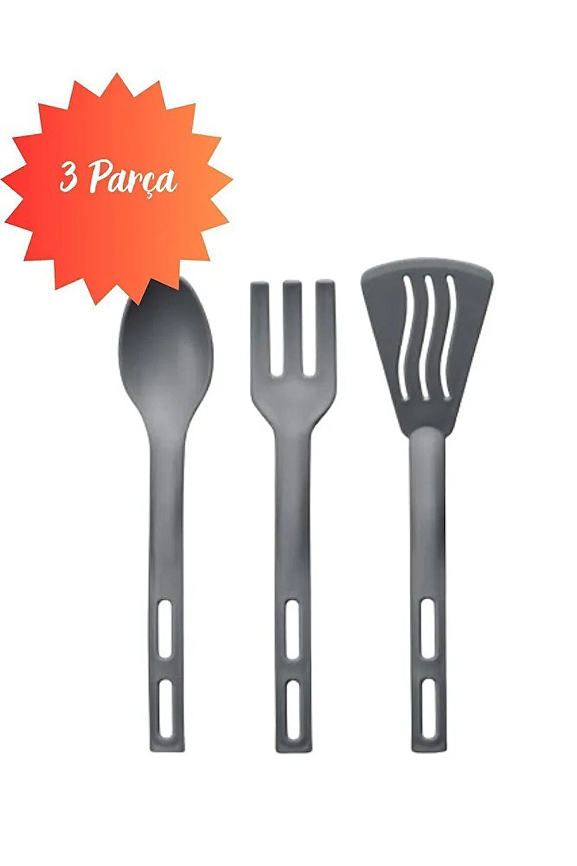 3lü Mini Plastik Spatula Kaşık Çatal Servis Seti Takımı Gri