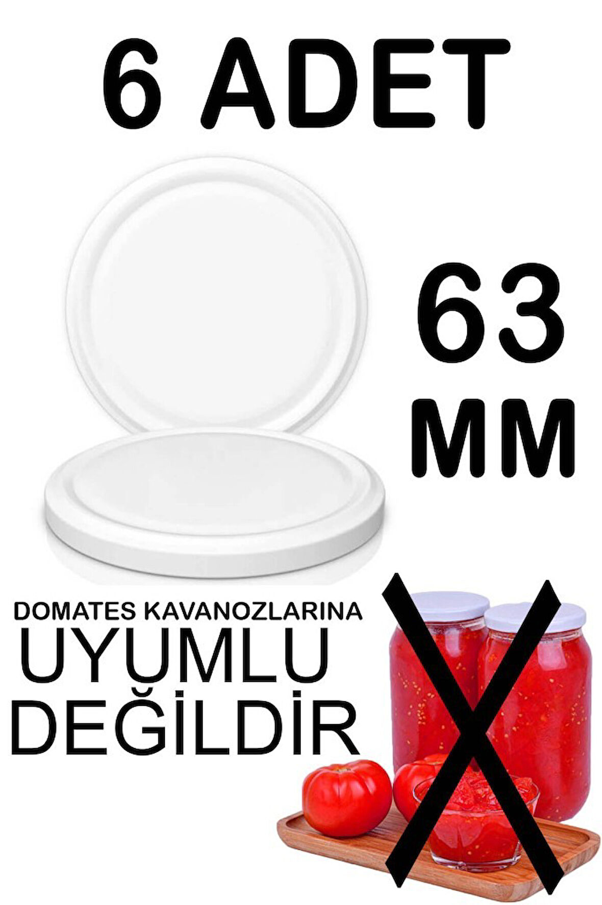 6 Adet 63mm Metal Kavanoz Kapağı Beyaz