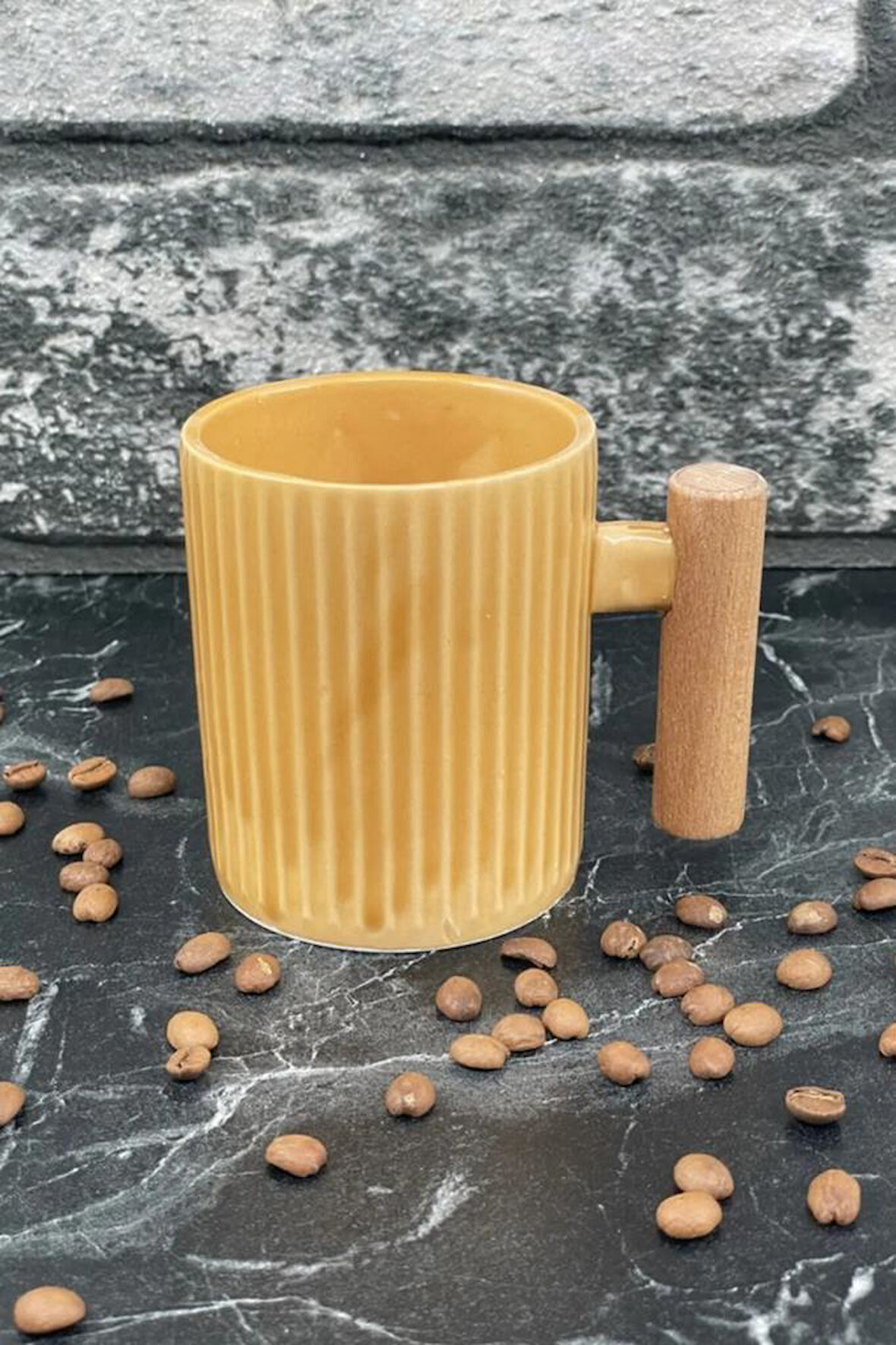 Ahşap Kulplu Seramik Mug Kupa Bardak 225cc 1 Adet Sarı