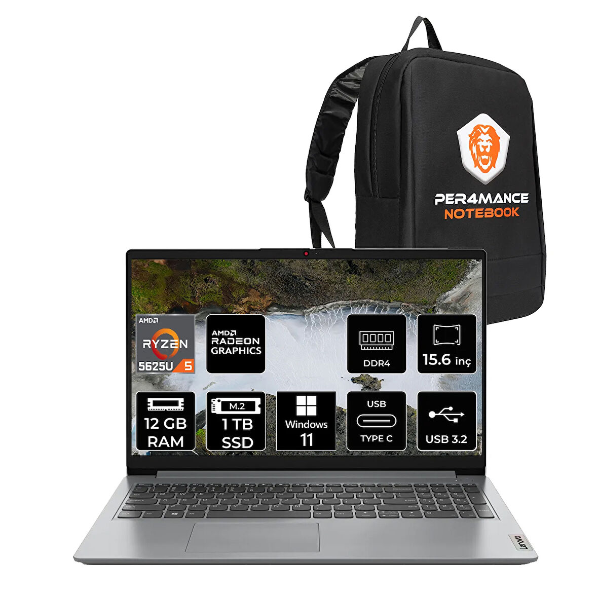Lenovo IdeaPad 1 R5 5625U 12GB 1TB SSD 15.6" FHD W11P Taşınabilir Bilgisayar & PER4 Çanta