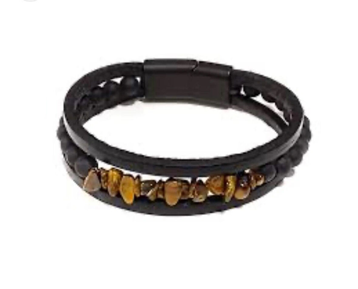 Kaplan Gözü,Oniks ve Hakiki Deri ile Türk El Yapımı Erkek Bileklik 21 cm