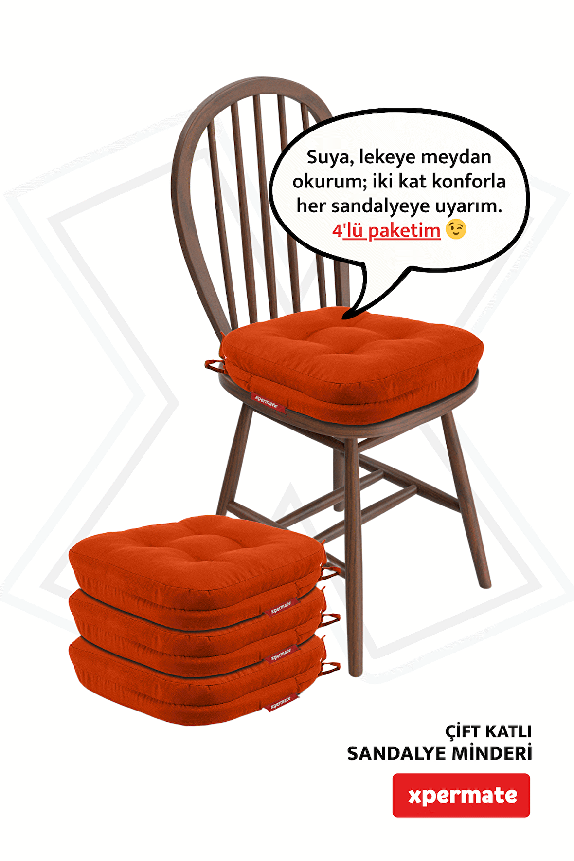 XPERMATE 4'lü Çift Kat Sandalye Minderi Fermuarlı Yıkanabilir Kılıf Bağcıklı Su ve Yağ İtici 42x42x8 Kiremit