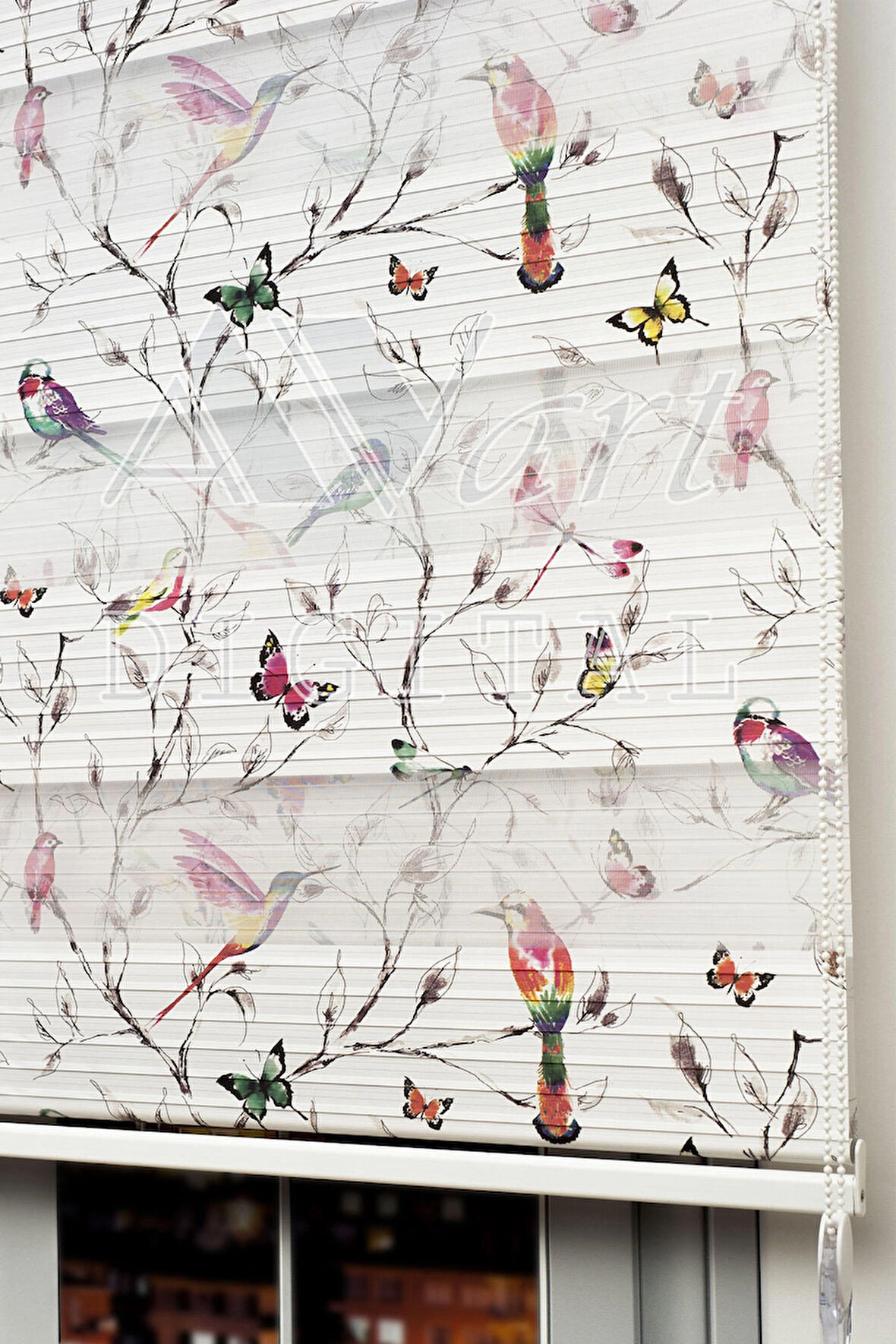 Renkli Kelebek Ve Kuş Baskılı Zebra Perde - Dijital Baskılı Zebra Stor Perde