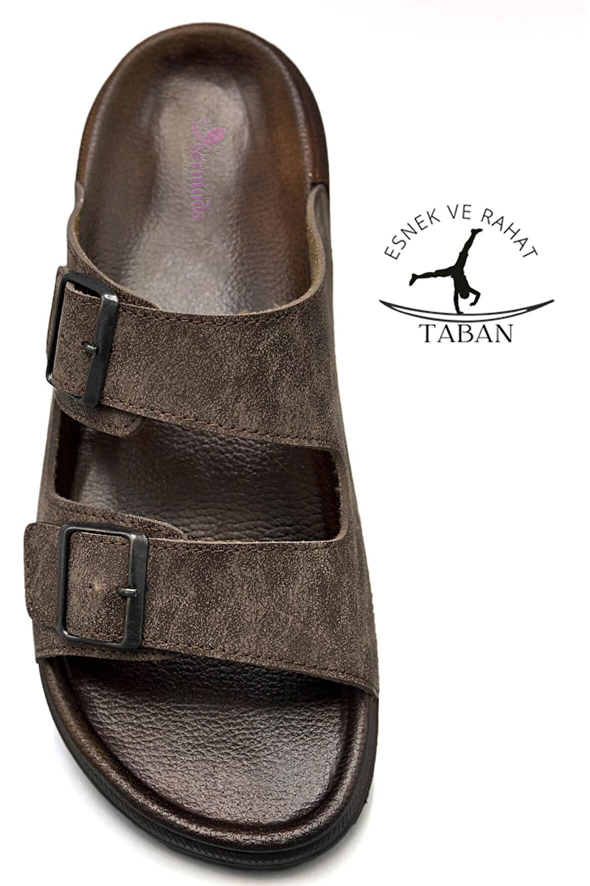 Sermoda Çift Toka Ayarlanabilir Genişlik Esnek Rahat Deri Erkek Terlik 25103 Kahve